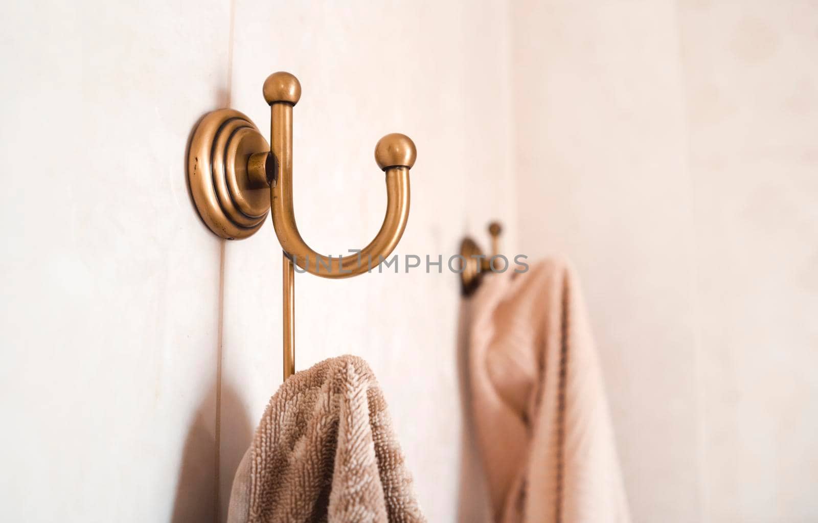 Towels hang on vintage stylish bathroom hooks in light shades.