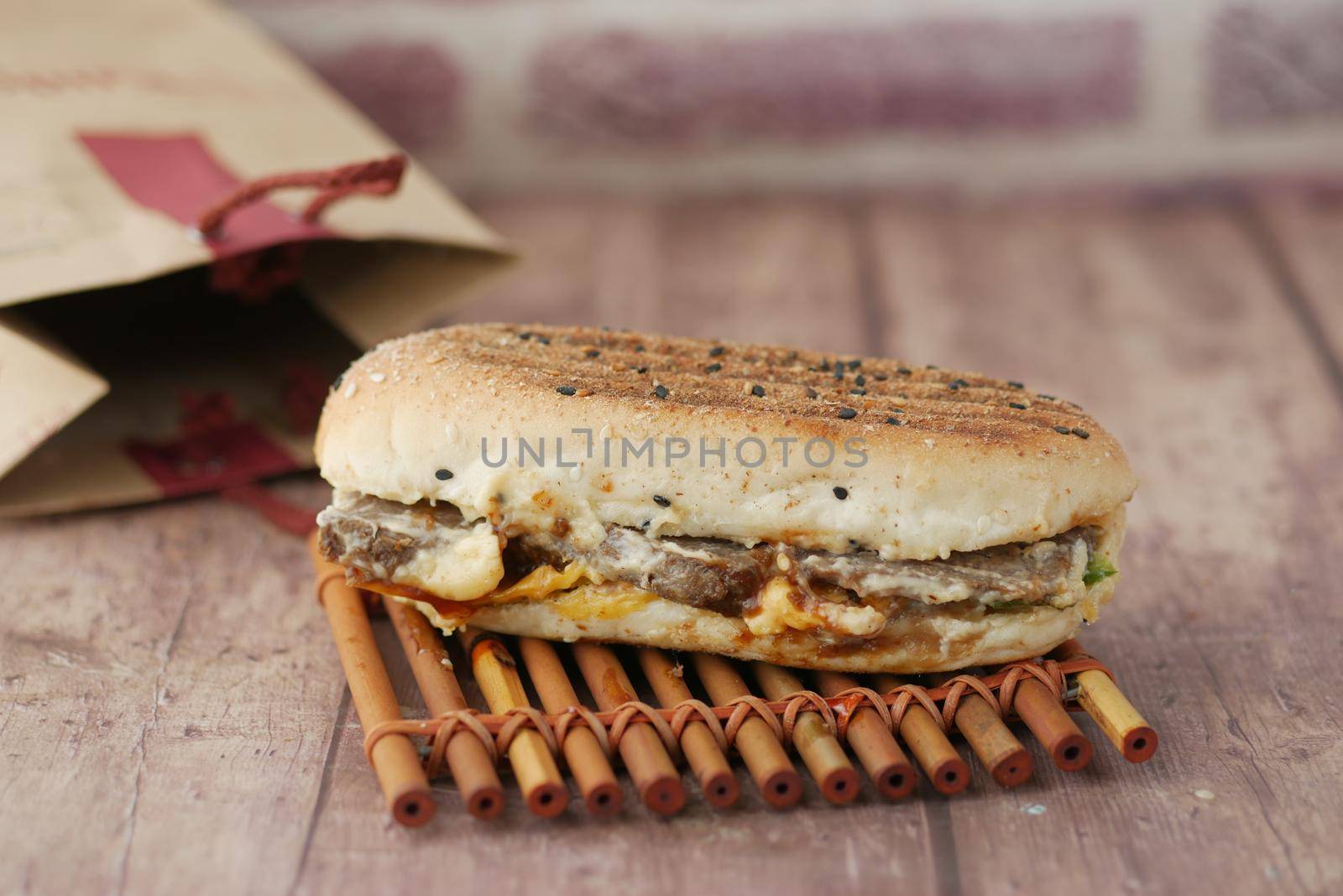 Club sandwich and French fries with ketchup sauce on wooden table. High quality photo