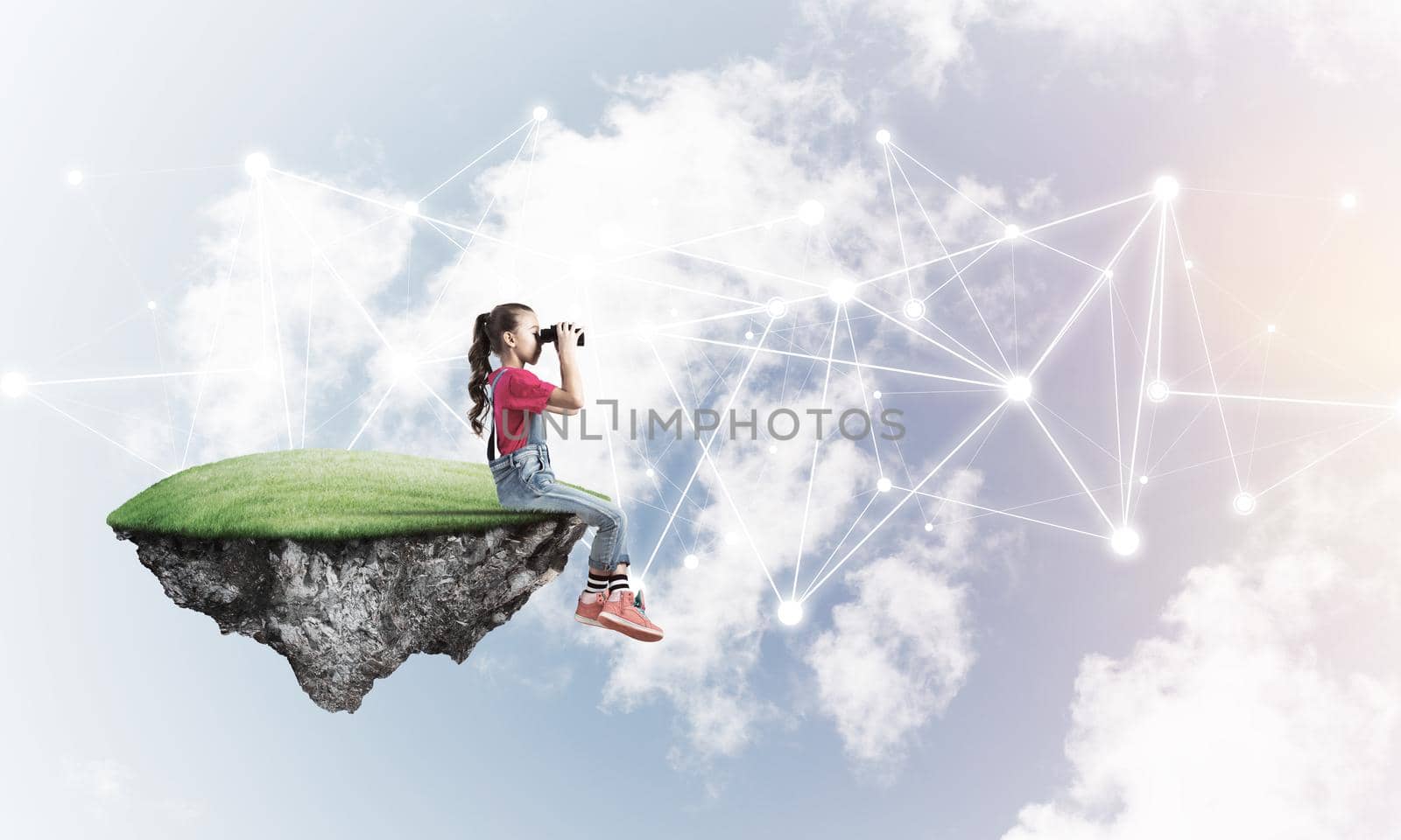 Cute girl on floating island looking in spyglass presenting social connection concept