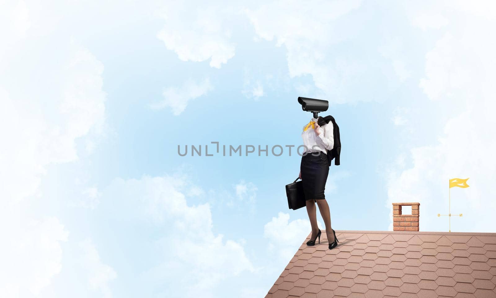 Faceless businesswoman with camera zoom instead of head standing on house roof