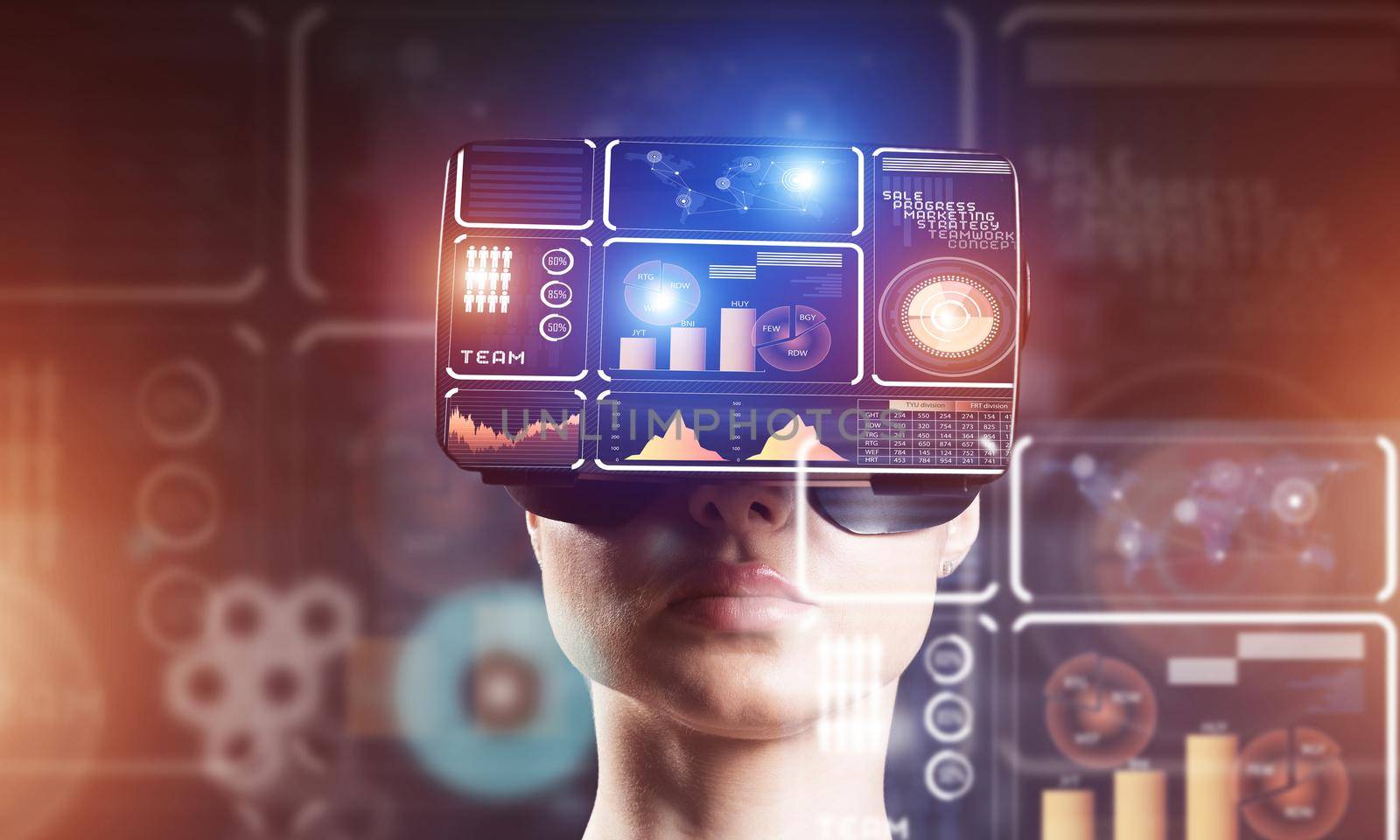 Young attractive woman in VR glasses. Immersion in the virtual world.
