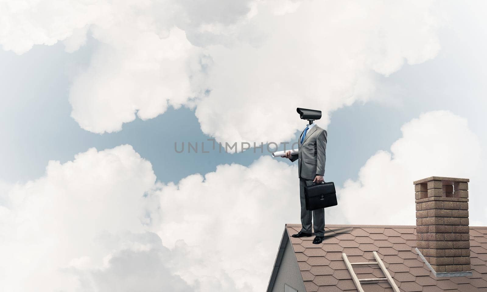 Faceless businessman with camera zoom instead of head standing on house roof