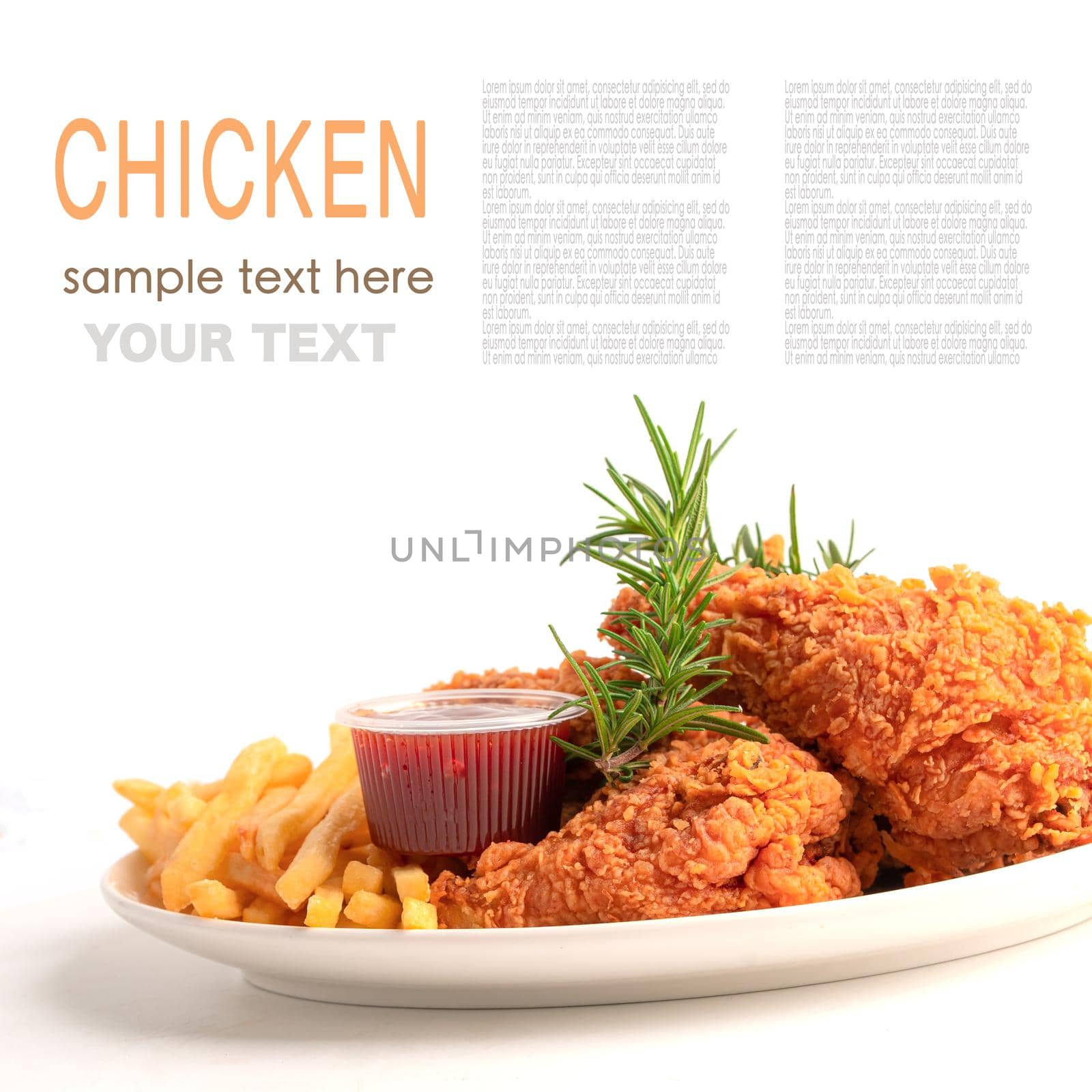 Fried chicken and potato chip with rosemary in plate isolated on white background with copy space.