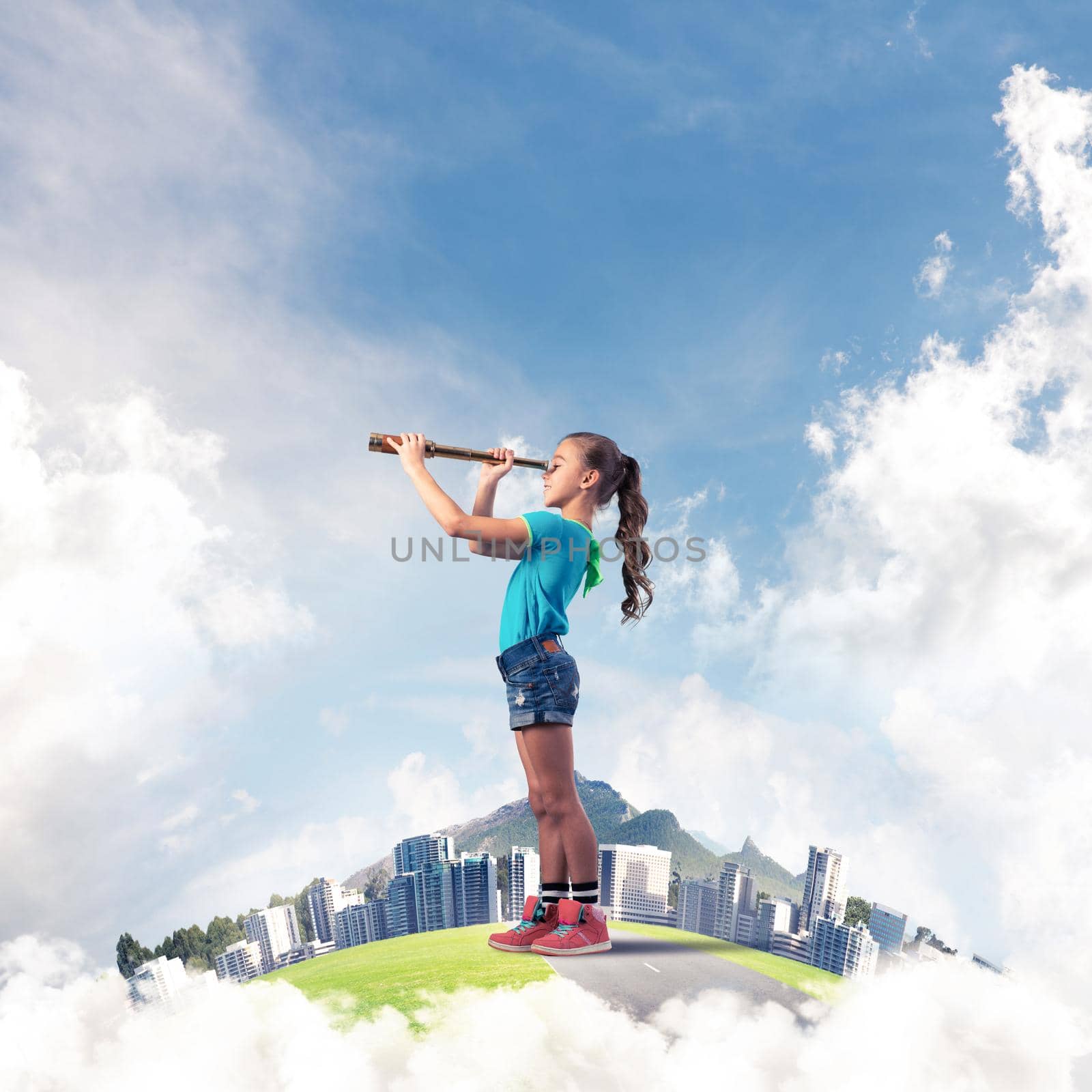 Cute kid girl on city floating island looking in spyglass