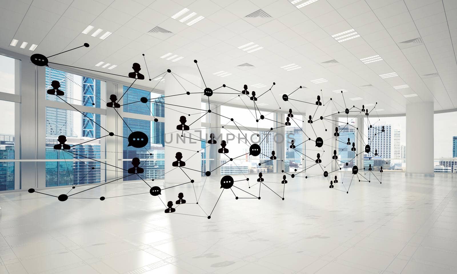 Lines connected with dots as social communication concept in office interior. 3D rendering