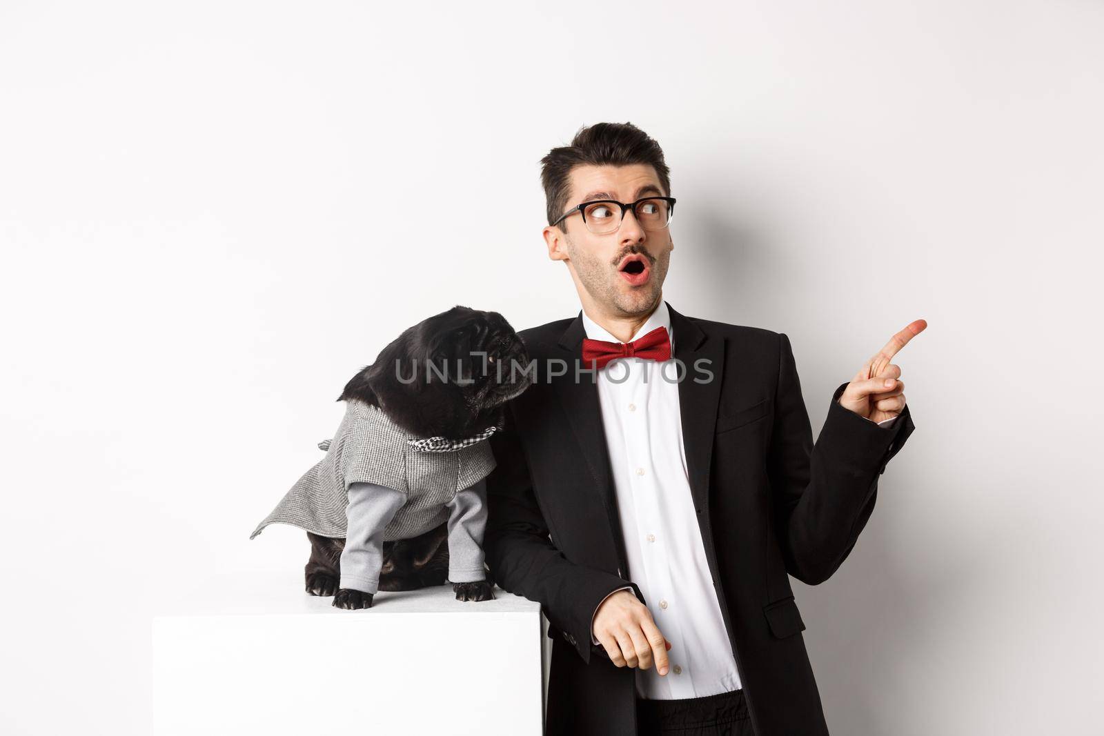 Animals, party and celebration concept. Amazed young man and black dog in costumes staring right at copy space, standing against white background by Benzoix