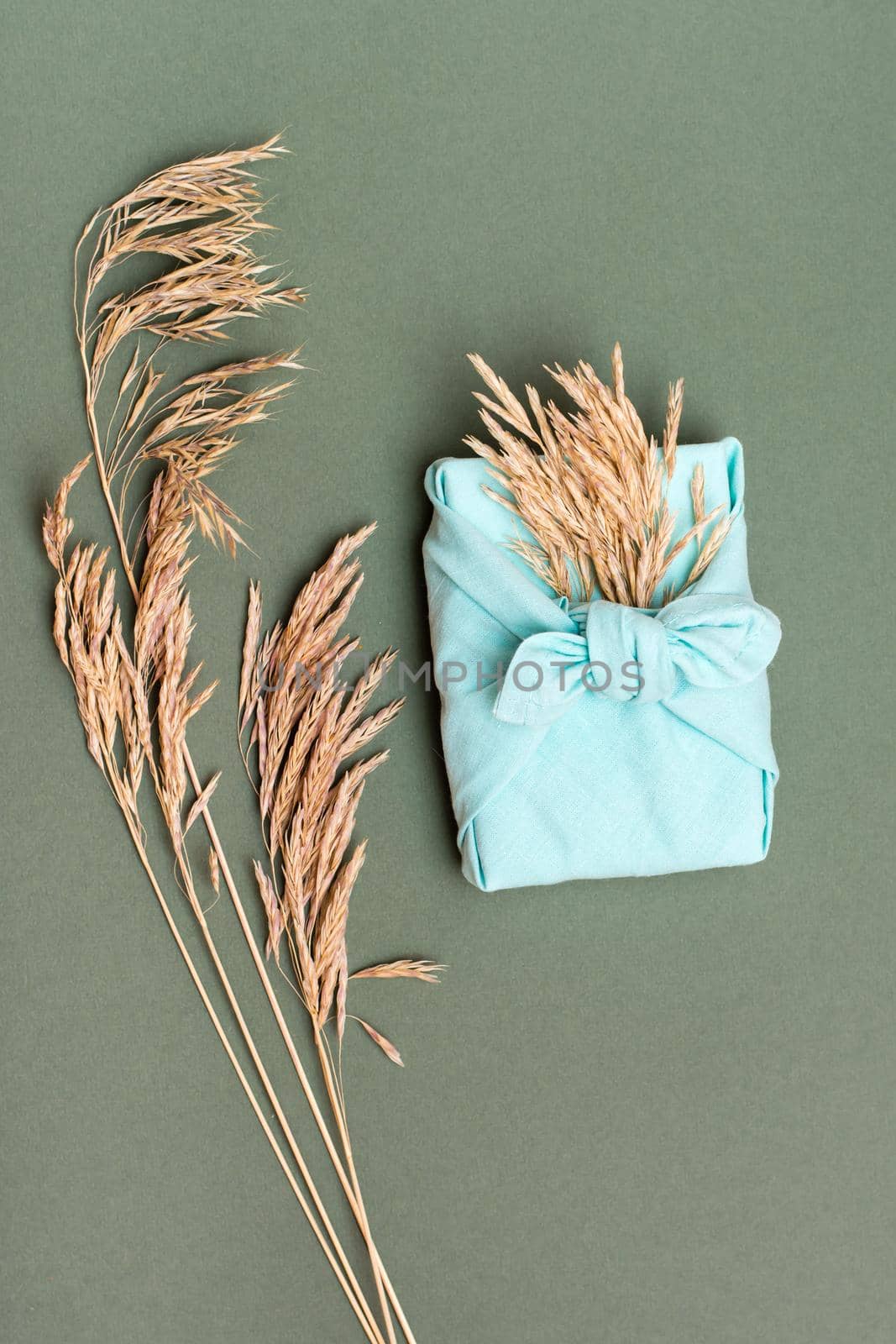 Eco friendly furoshiki gift with ears of dry grass on green background. Vertical view