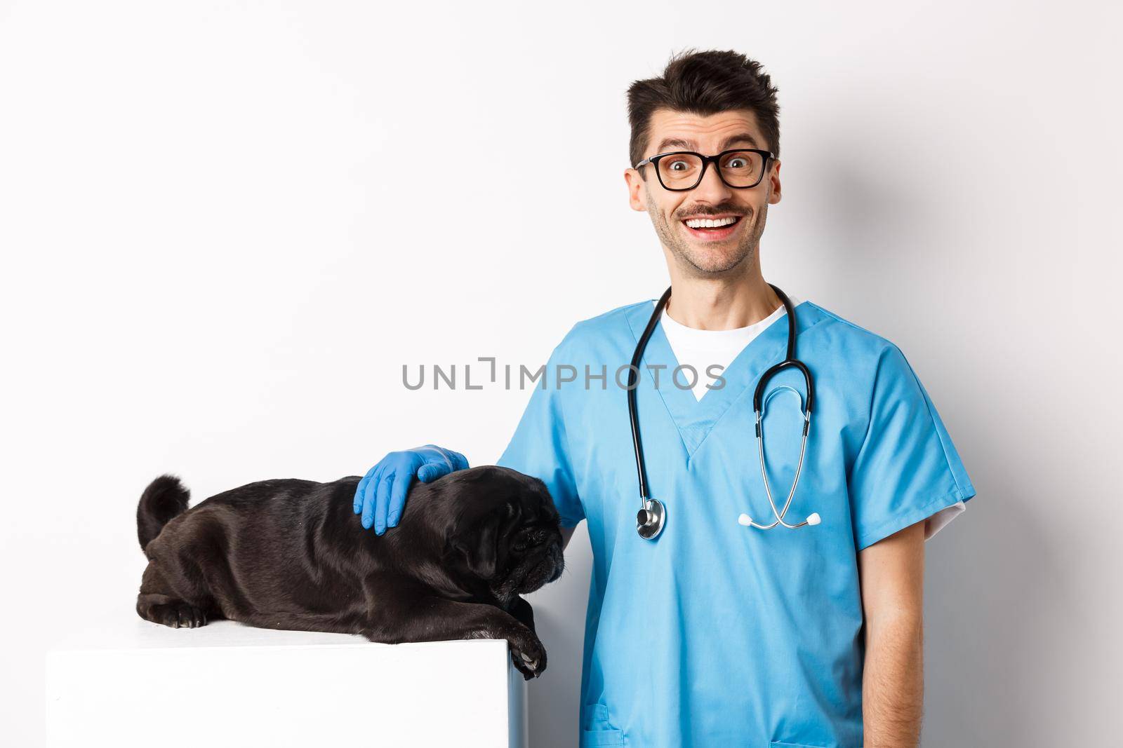Handsome smiling vet doctor petting cute small dog pug and looking happy at camera, examining puppy at veterinary clinic, standing over white background by Benzoix