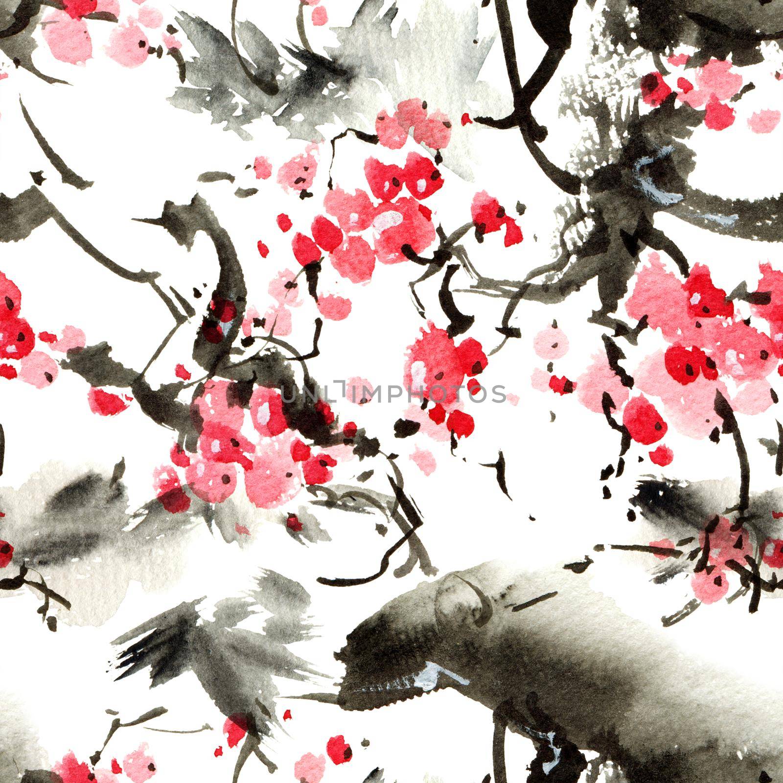 Watercolor and ink illustration of blossom sakura tree with pink flowers. Oriental traditional painting by ink and watercolor in sumi-e style. Seamless pattern.