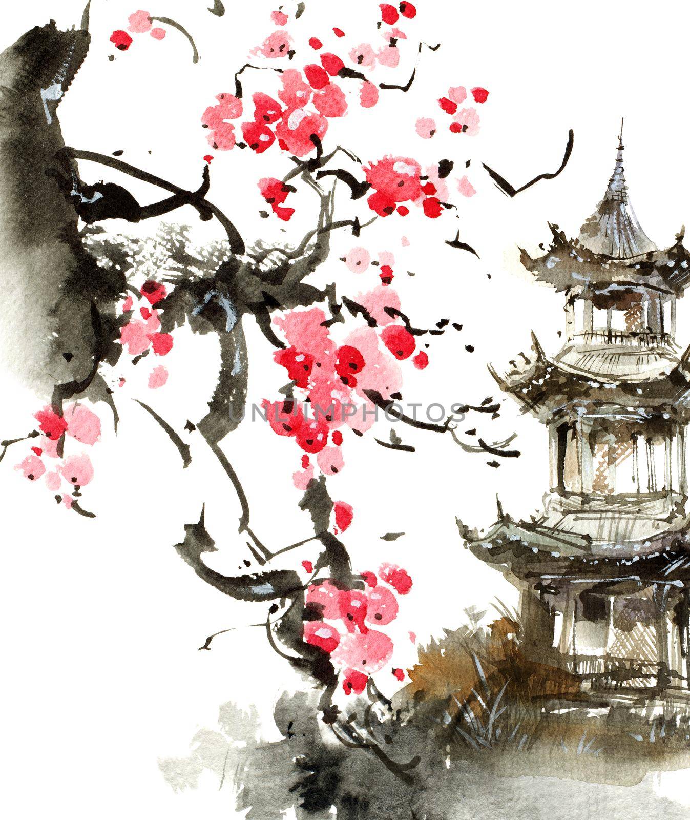Watercolor and ink illustration of japanese pagoda and blossom sakura tree with pink flowers. Oriental traditional painting by ink and watercolor in sumi-e style.