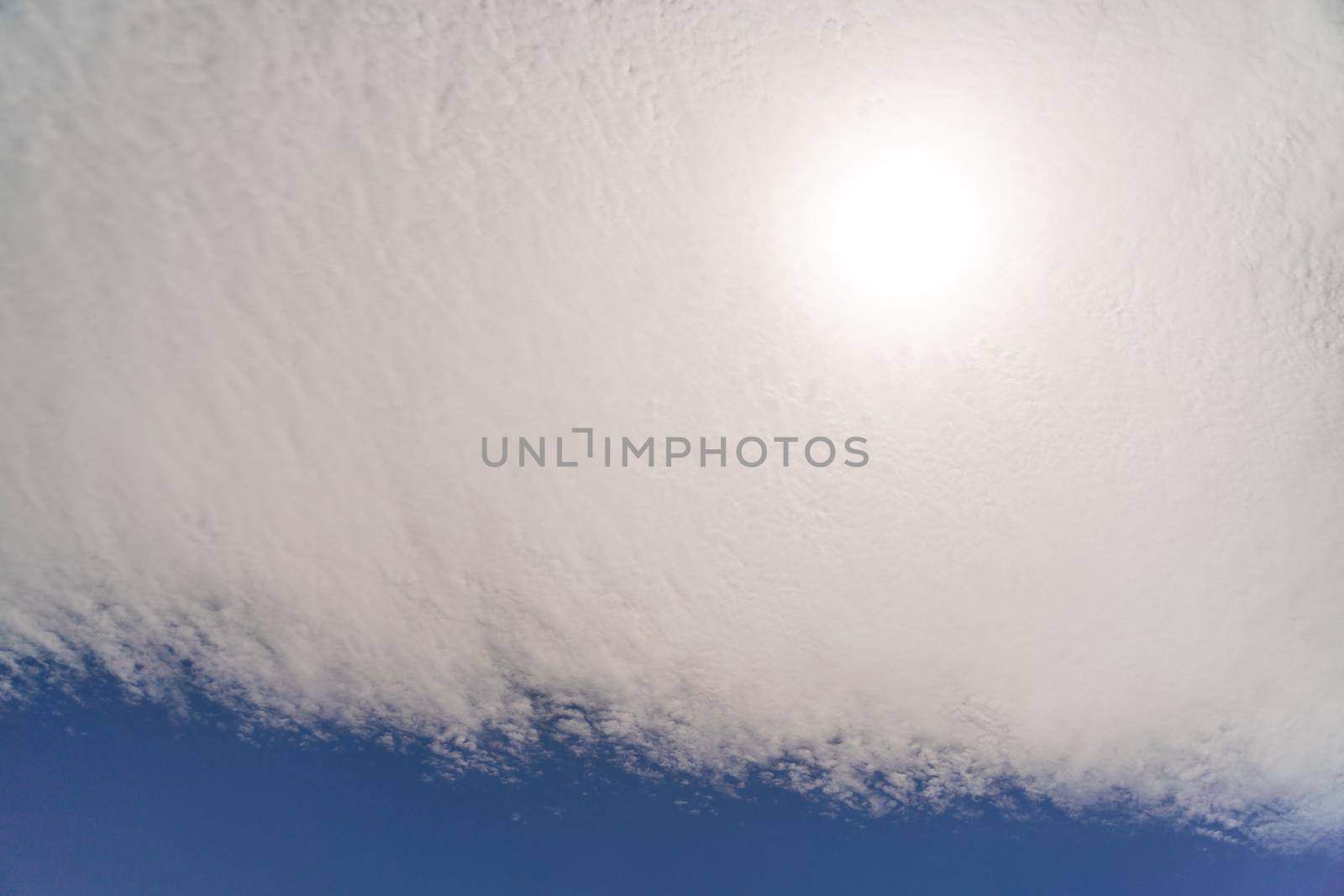 Fluffy clouds in the blue sky, they are arranged in a flat strip. The sun shines through them