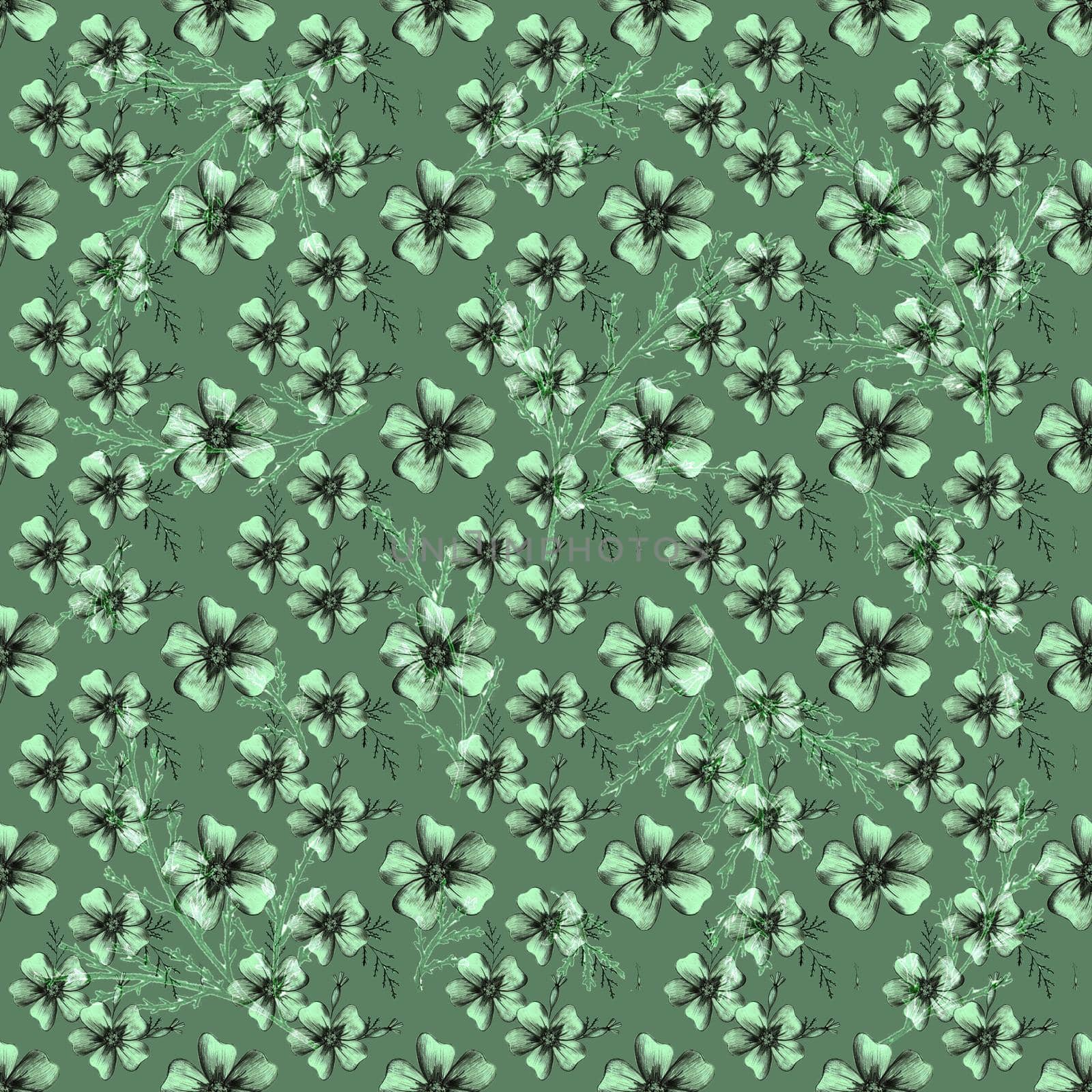 Seamless Pattern with Hand-Drawn Flower. Green Background with Thin-leaved Marigolds for Print, Design, Holiday, Wedding and Birthday Card.