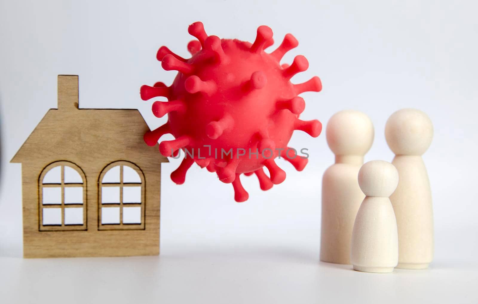 Beautiful young couple with child standing next to there house with bacteria COVID-19 , happy and healthy family safety at home coronavirus pandemic concept copy space white background space for text