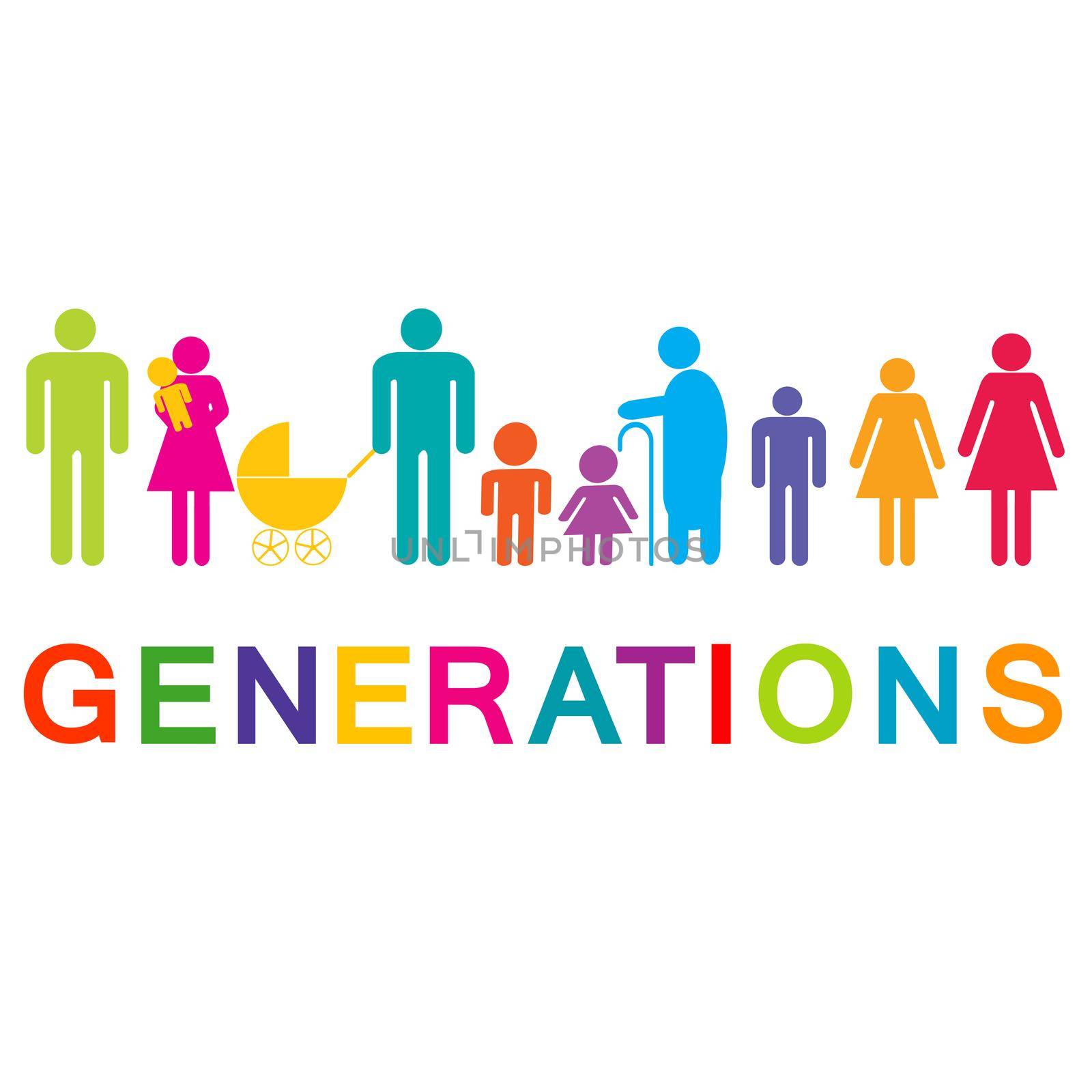 Generations concept with icon silhouette of humans in different life ages