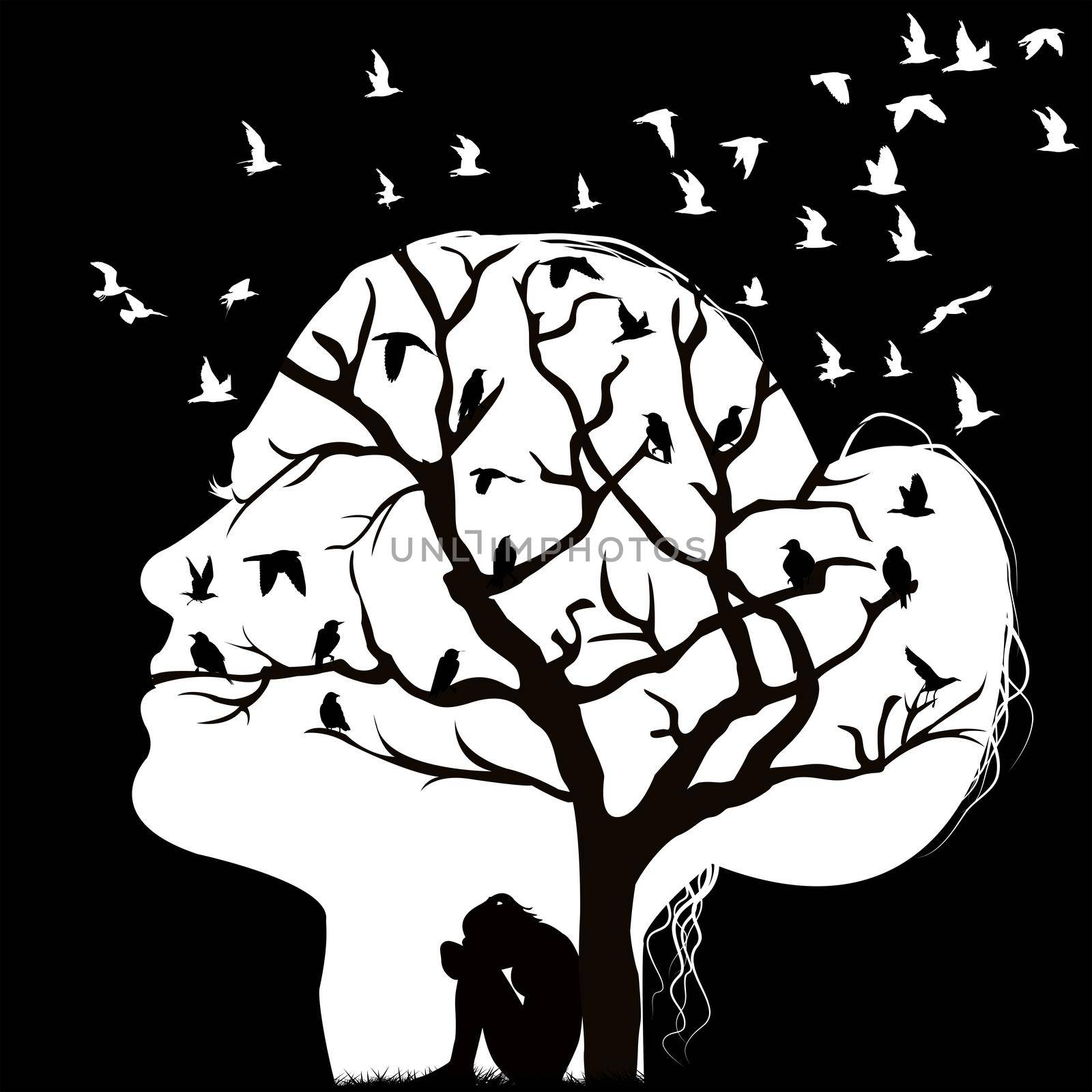 Abstract composition with silhouette of head woman and sad woman under a tree in her head