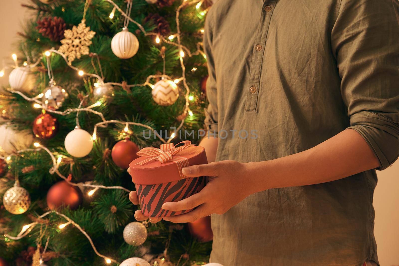 Close-up young asian man holding a christmas red gift box on sofa and christmas tree background at home