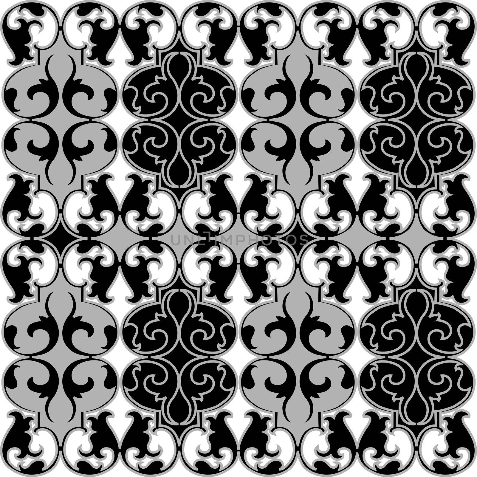 Black and white damask tapestry with floral pattern