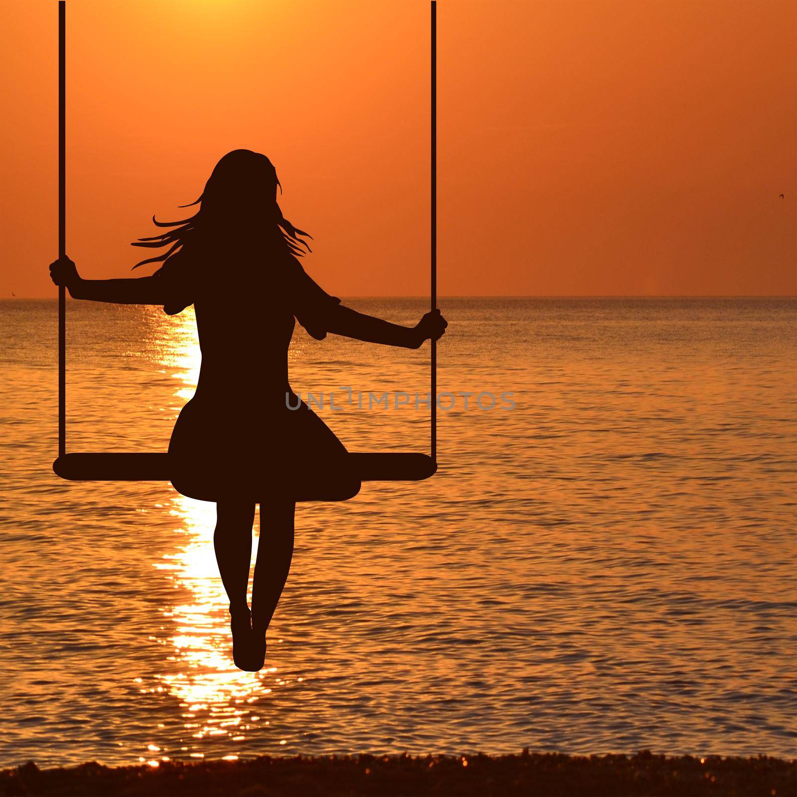 Silhouette of child girl on swing in sunset at seaside by hibrida13