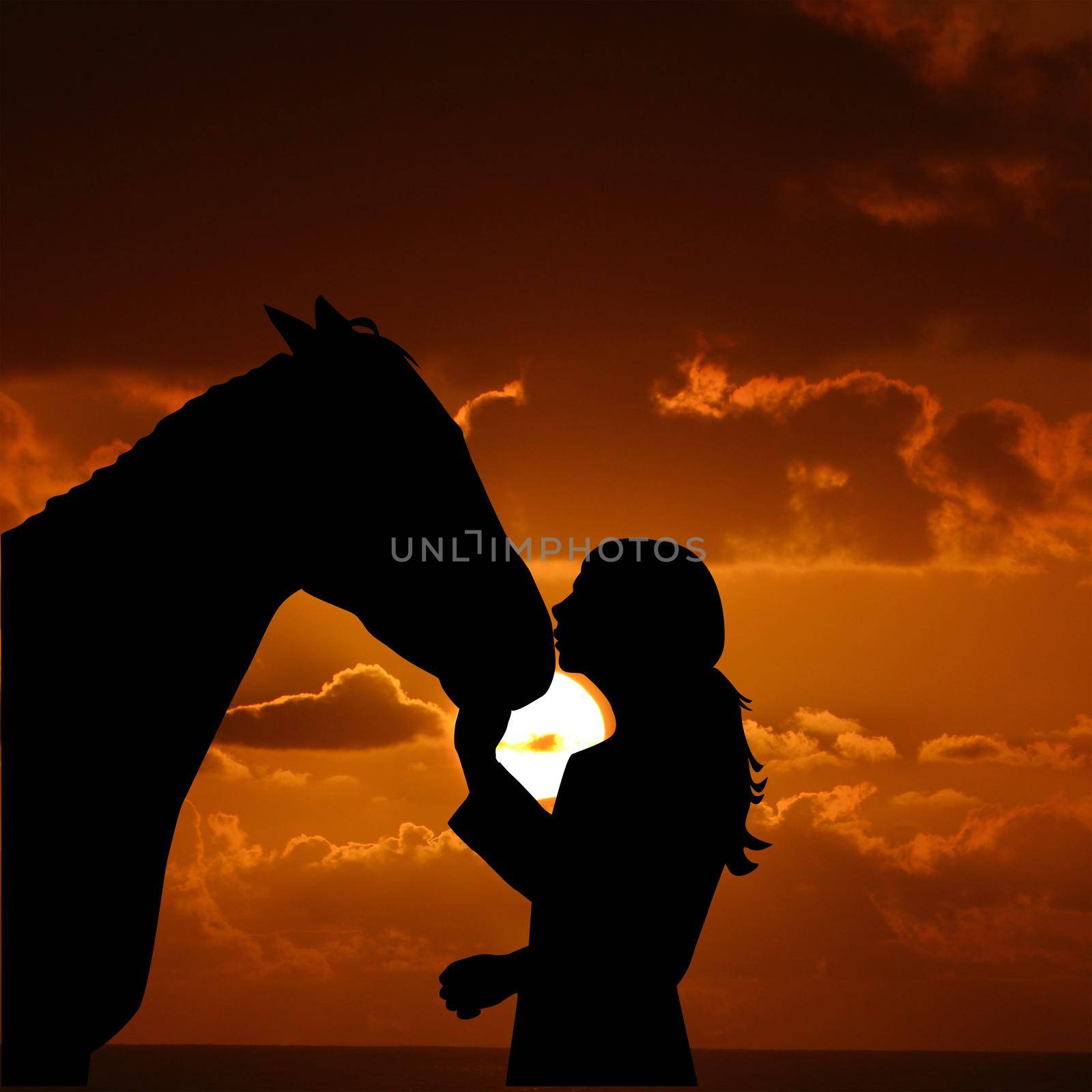 Silhouette of a young girl with horse giving him a kiss at the sunrise by hibrida13
