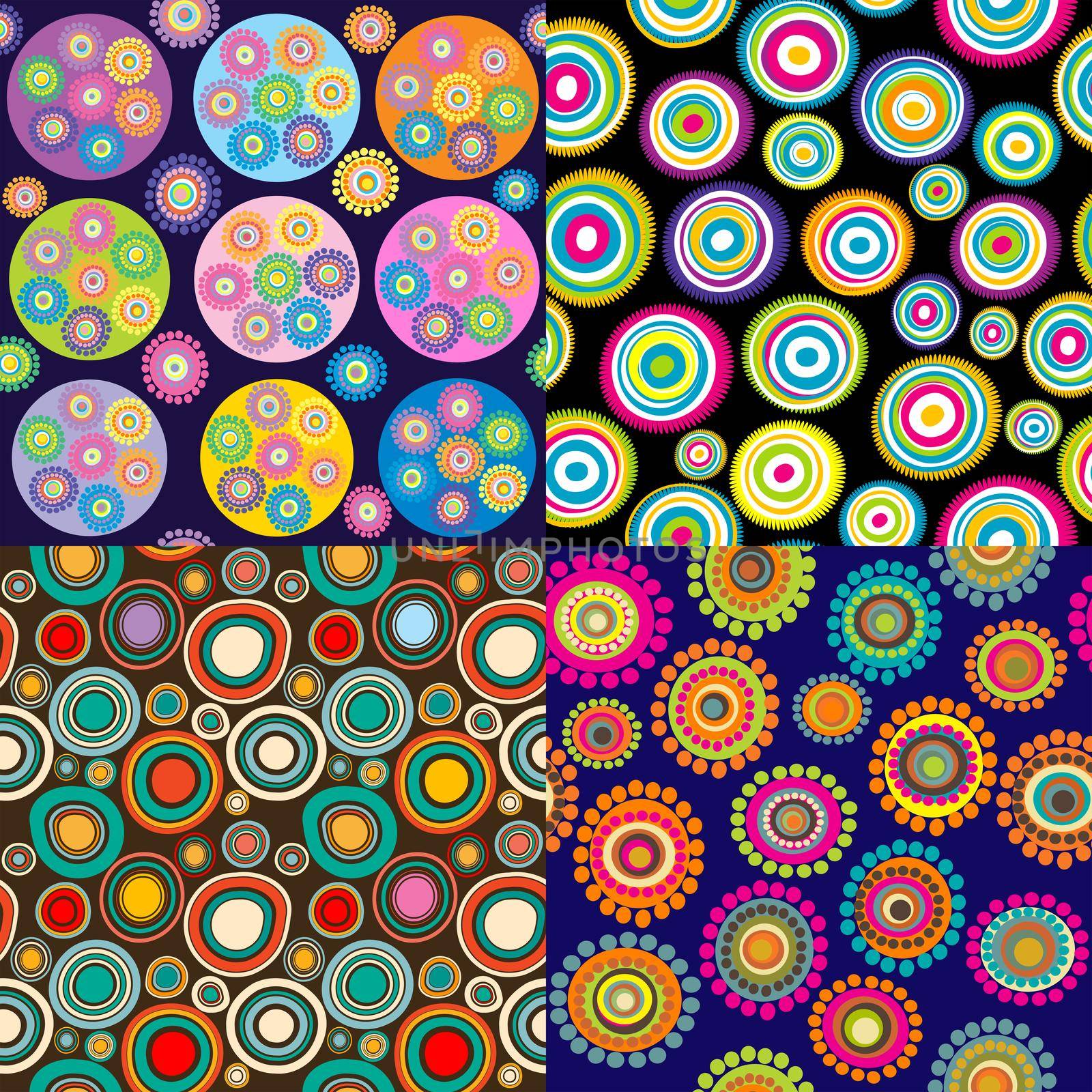 Set of four backgrounds with circular shapes and flowers made of dots