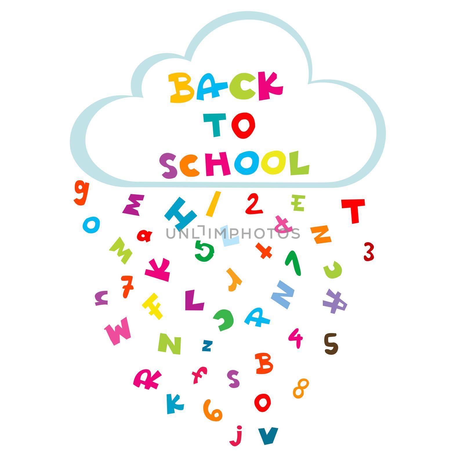 Back to school illustration with cloud and rain made of letters and numbers