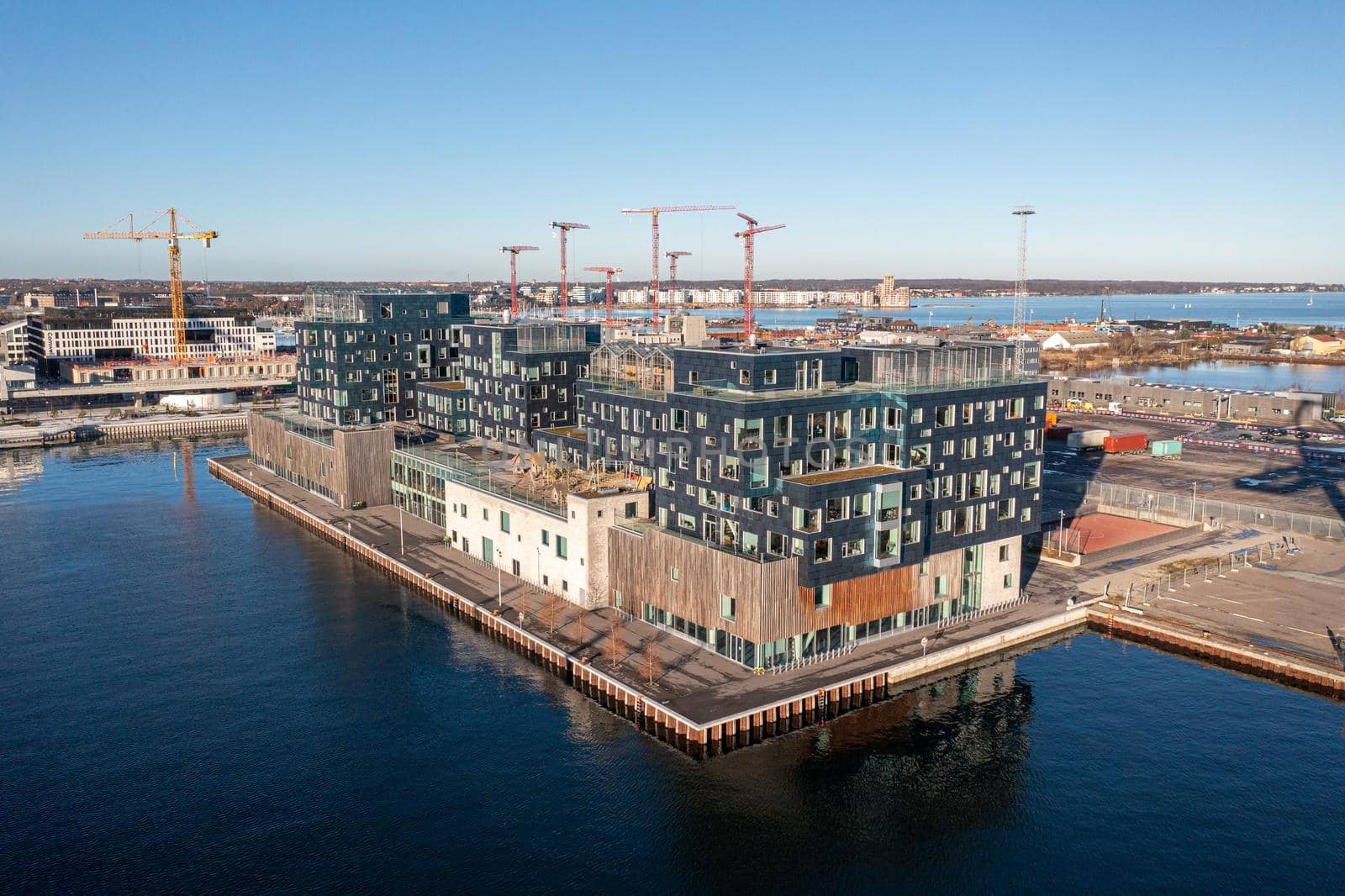 Copenhagen, Denmark - January 06, 2022: Aerial drone view of Copenhagen International School, CIS in Nordhavn district
