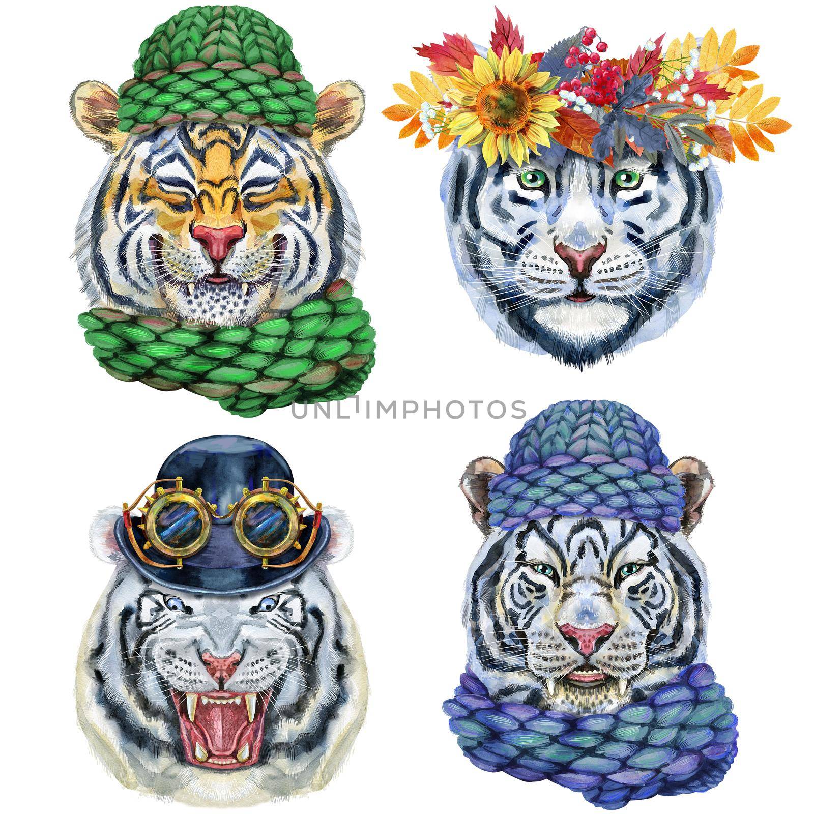 Watercolor illustration of tigers in a knitted winter hat, bowler hat with goggles and a wreath of autumn leaves
