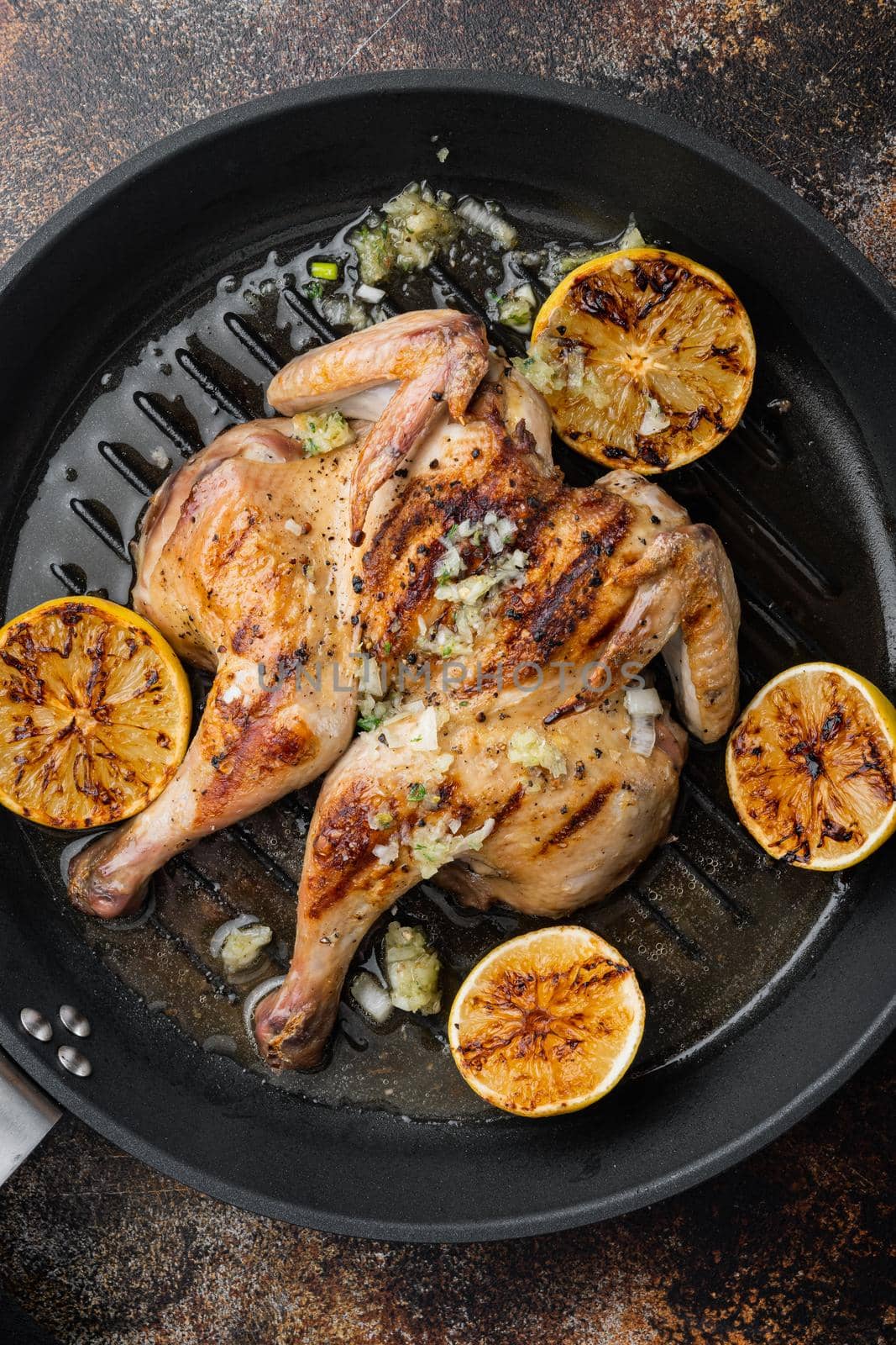 Homemade roasted chicken food, on old rustic background, top view