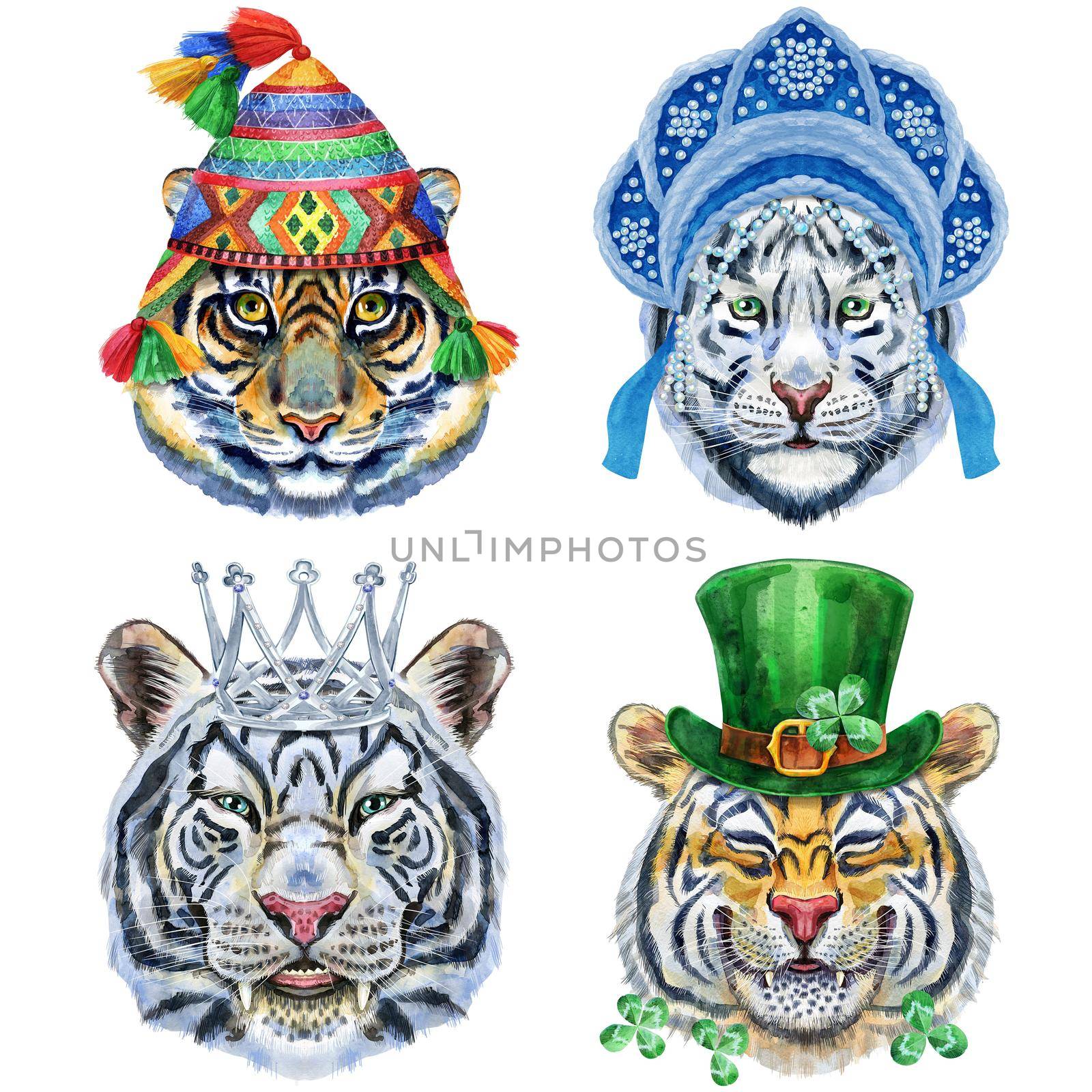 Set of tiger portraits. Wild animal watercolor illustration on white background by NataOmsk