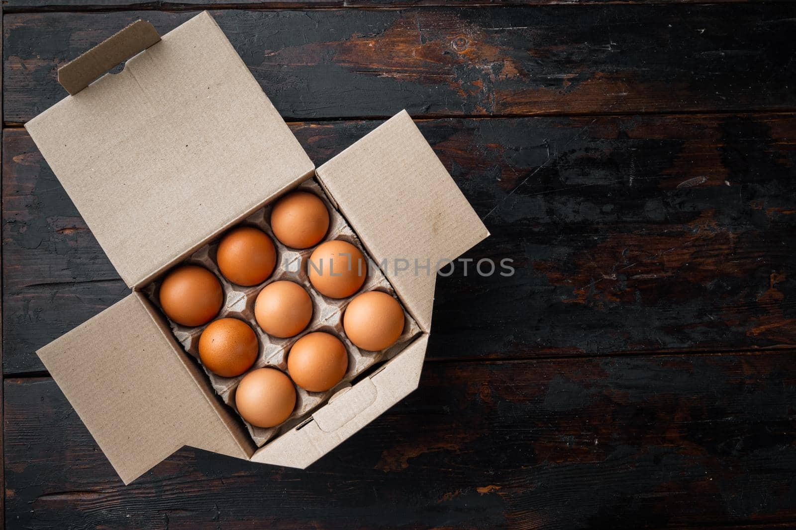 , on old dark wooden table background, top view flat lay , with space for text copyspace