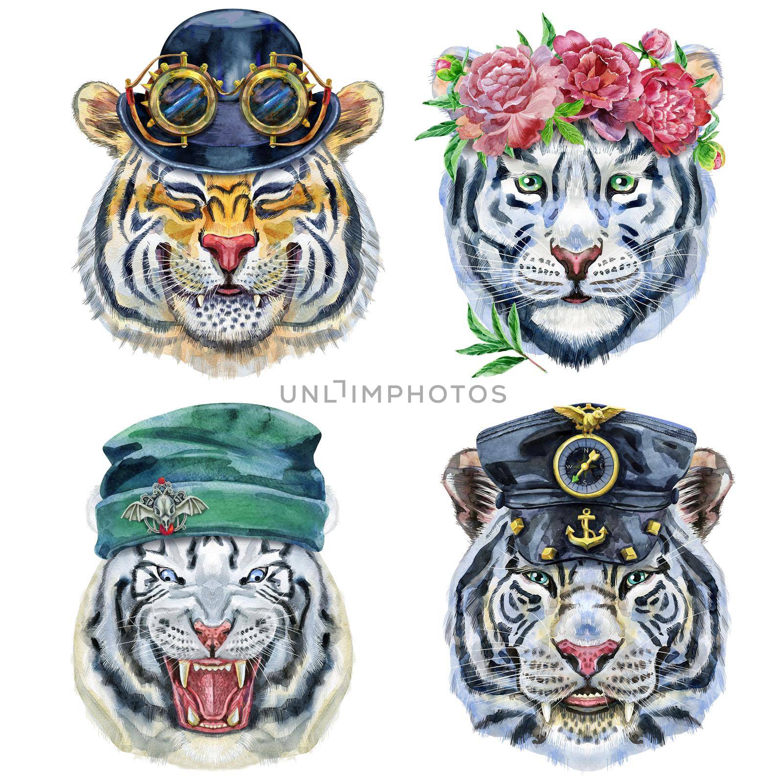 Watercolor illustration of tigers in a beanie, bowler with googles, wreath of peonies and a black cap