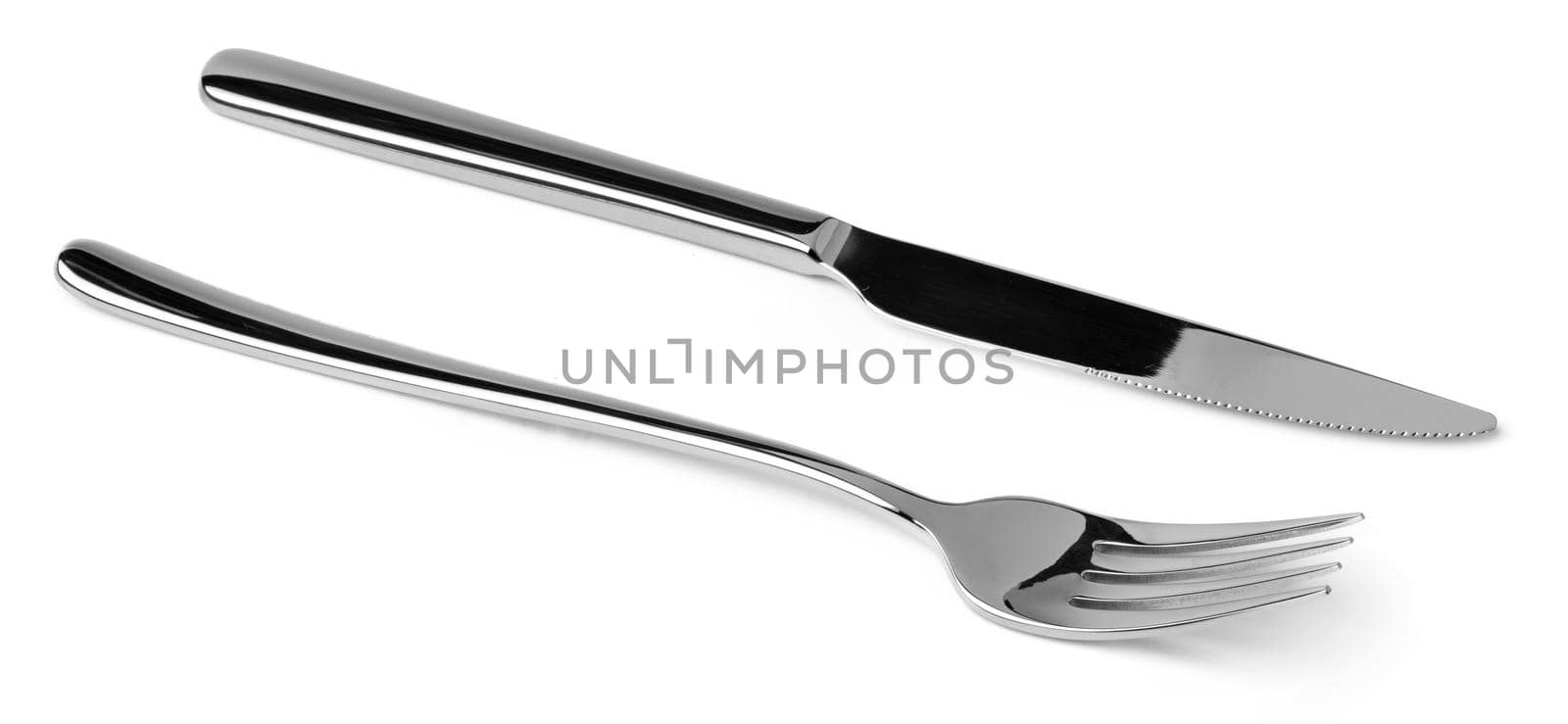 Silver fork and knife isolated on white background close up