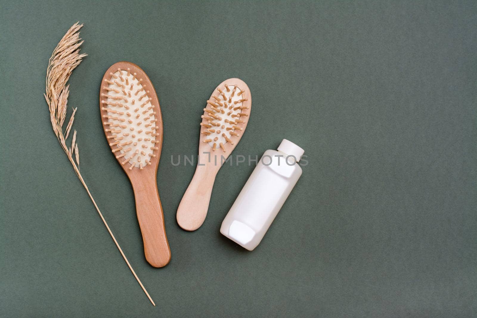 Hair care. Two wooden combs, a bottle of shampoo and ears of herbs on a green background.