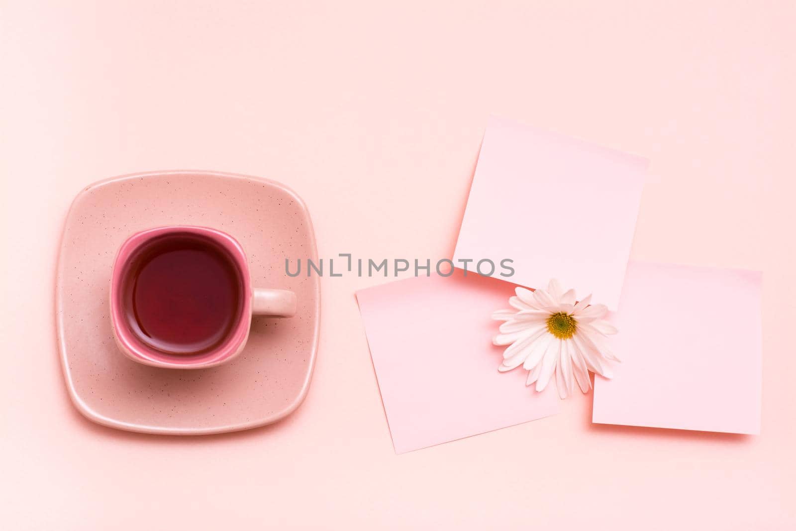 The concept is pink. Pink drink in a coffee cup, leaf for writing and chrysanthemum on a pink background. Top view