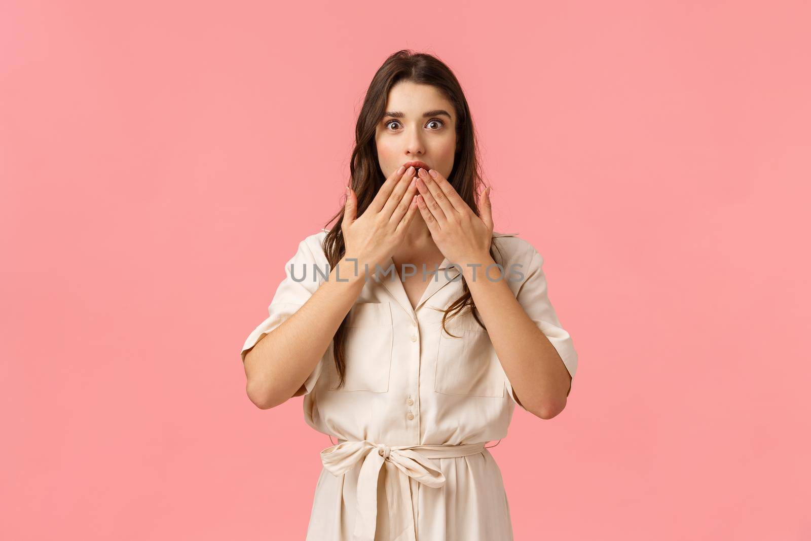 Surprised girl didnt expact friend kiss her, touching lip and looking amazed with wondered and excited expression, wearing cute dress, reacting astounded, standing pink background by Benzoix