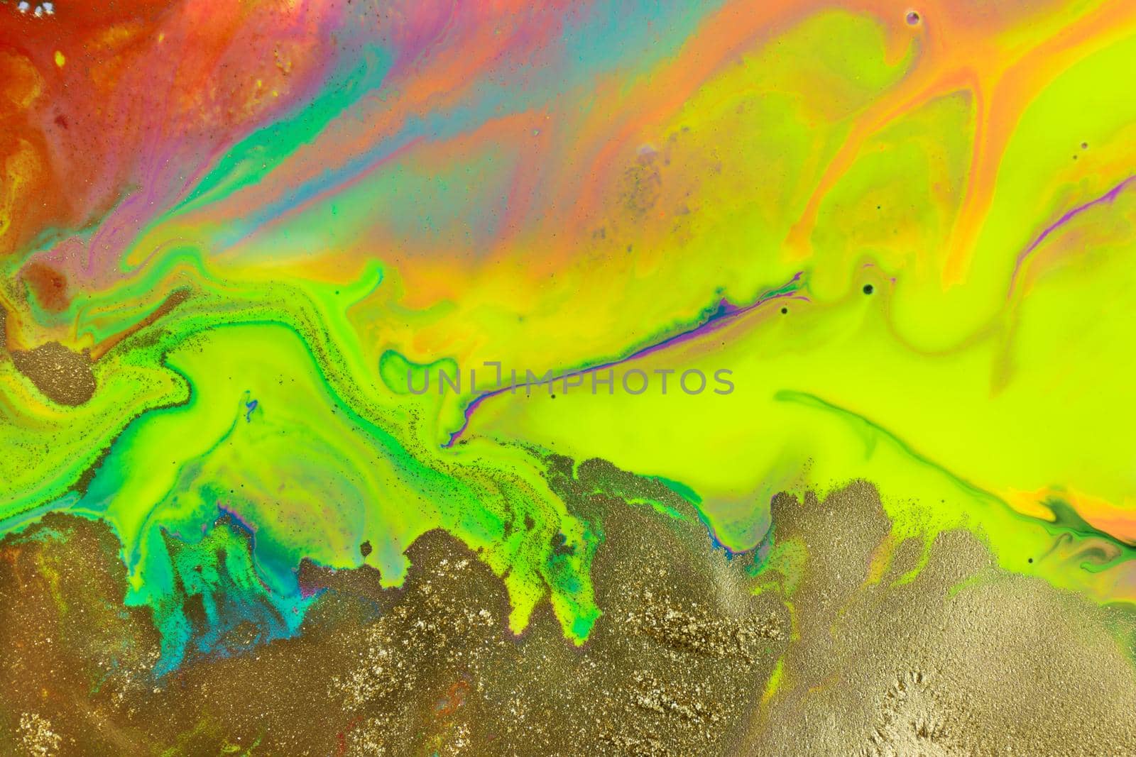 Gold texture on fluorescent paints mix flow background