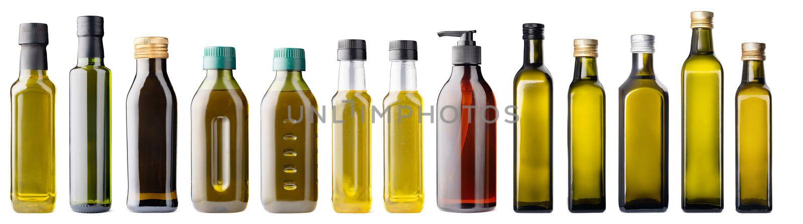 Row of olive oil bottles isolated on white by Fabrikasimf
