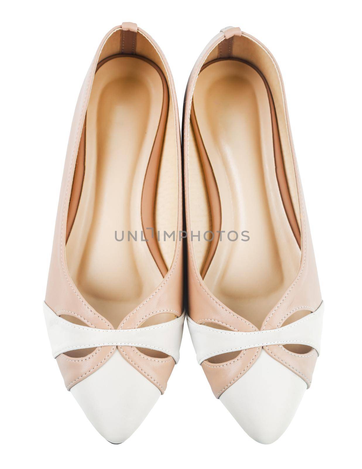 Pair of beige women's shoes isolated on a white background. by Gamjai