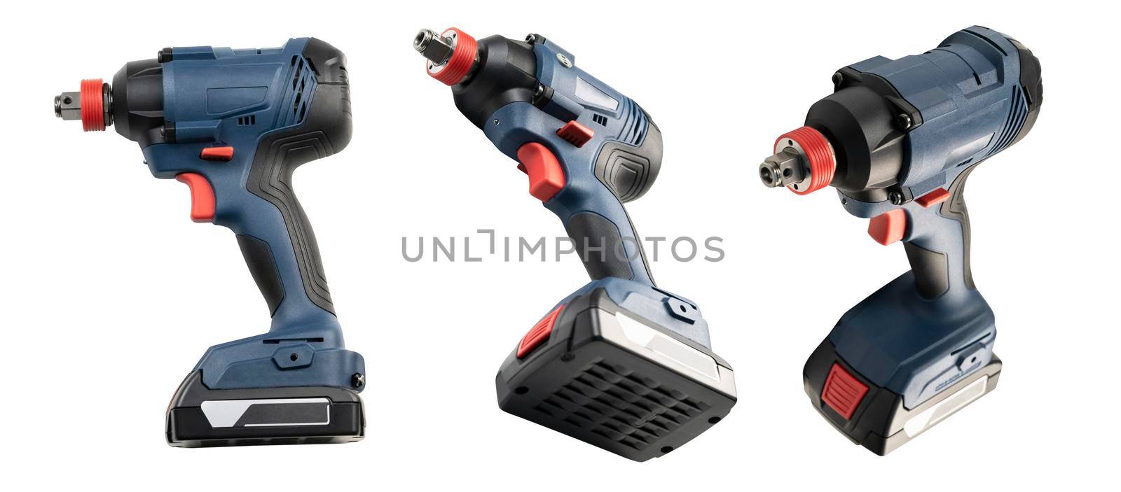 Electric screwdriver in different angles isolated on a white background.