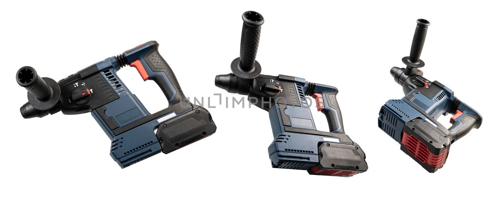 Cordless drill in different angles on a white background.