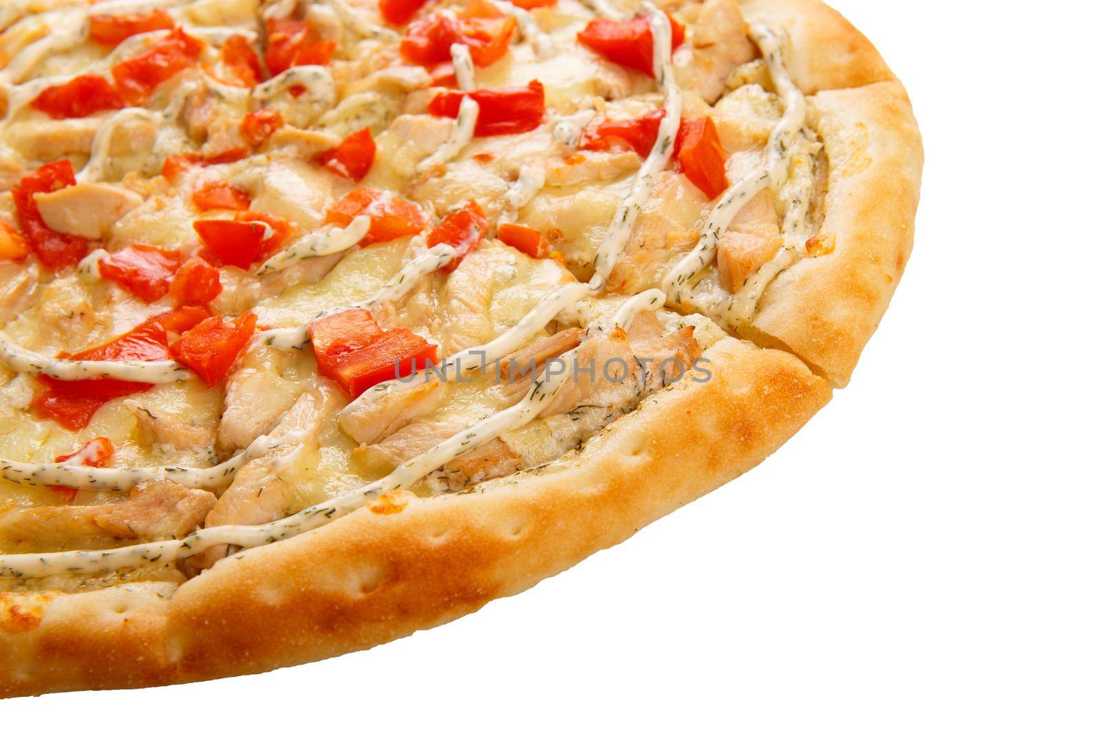 Fragment of delicious classic italian Pizza with chicken, tomatoes and mozzarella isolated on white background