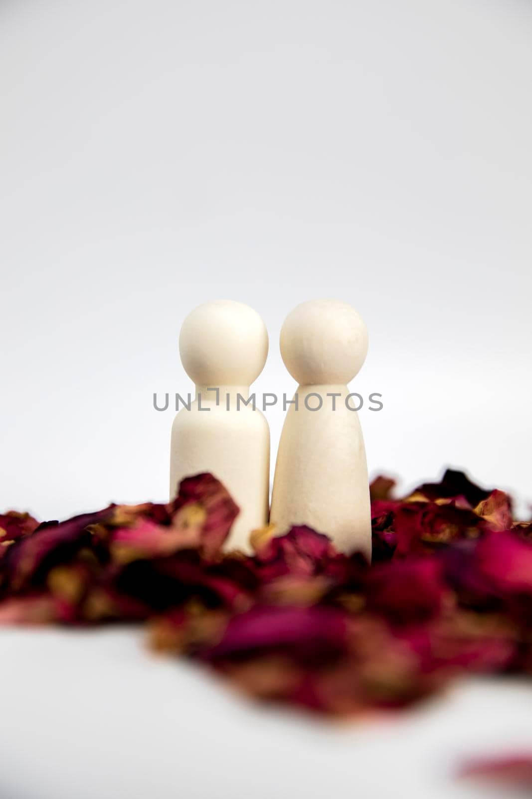 Real love, lover, couple concept. Two wooden figures with red rose petals on white background, standing together isolated on white background. copy space space for text