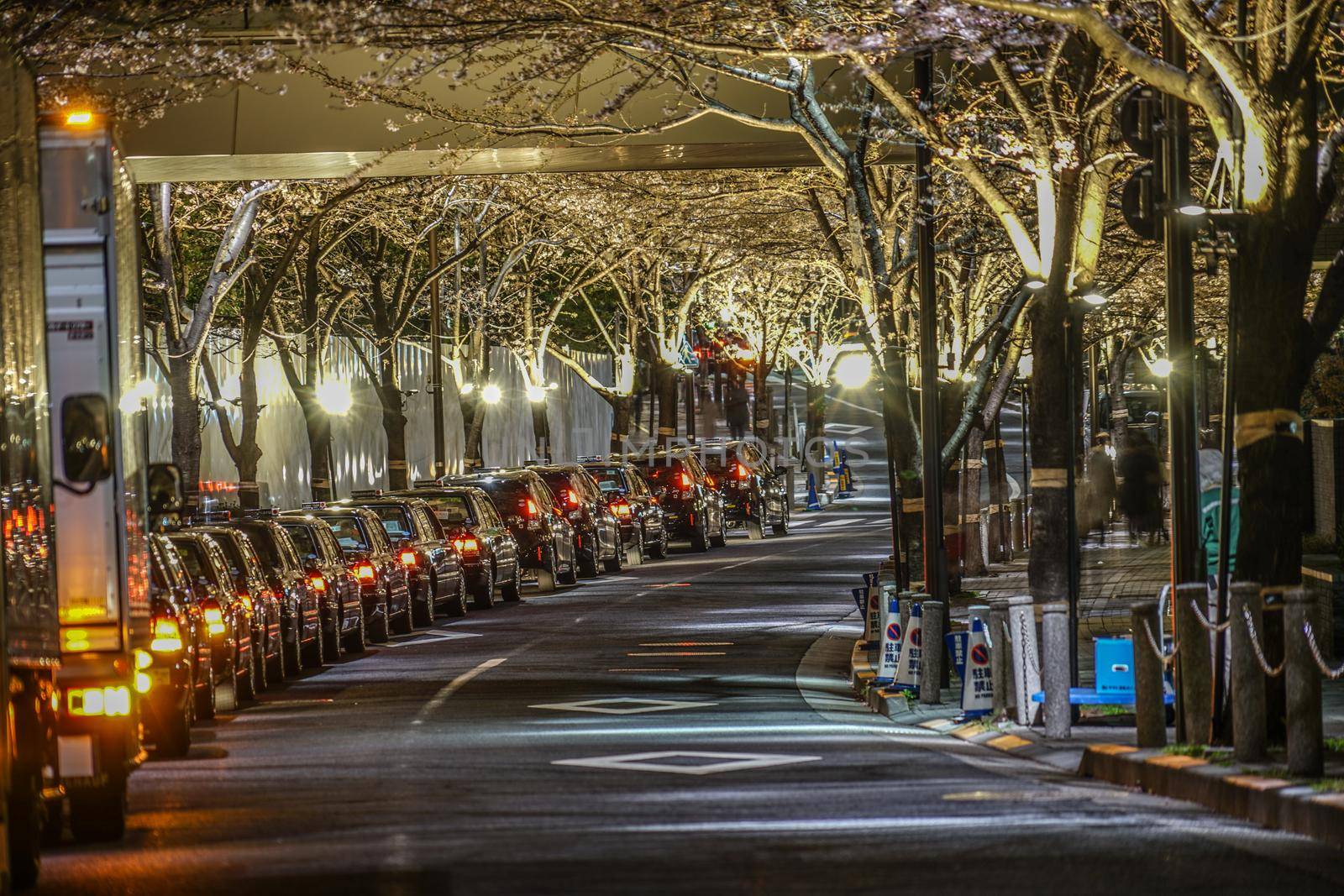 Taxi row stopping on the road shoulder. Shooting Location: Sendai, Miyagi Prefecture