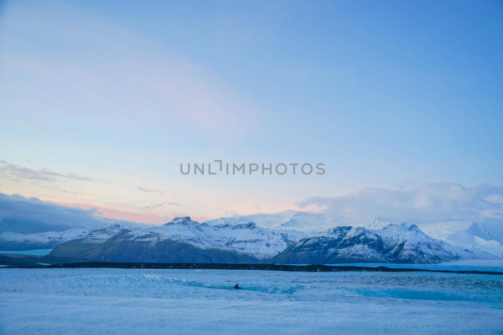 Snowy Mountain of Iceland and dusk (Vatna York Tol Glacier). Shooting Location: Iceland, Lay Cavik