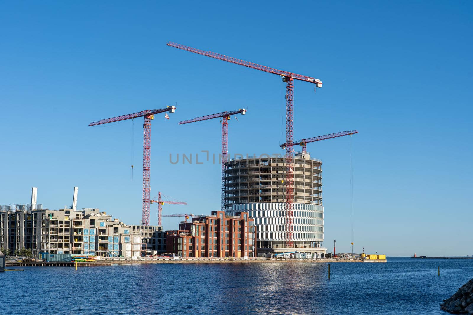 Copenhagen, Denmark - January 07, 2022: Tip of Redmolen construction site in Nordhavn district. Designed by Vilhelm Lauritzen Architects and Cobe.