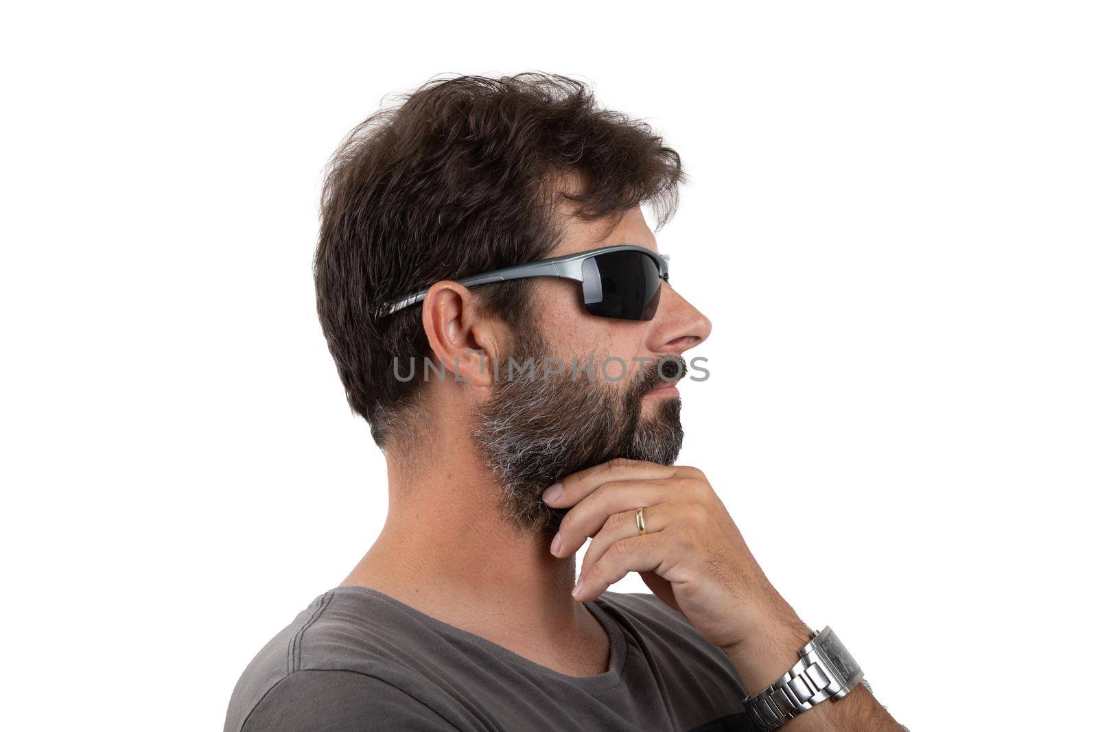 portrait of ordinary forty - 40 years old bearded man with sunglasses isolated on white