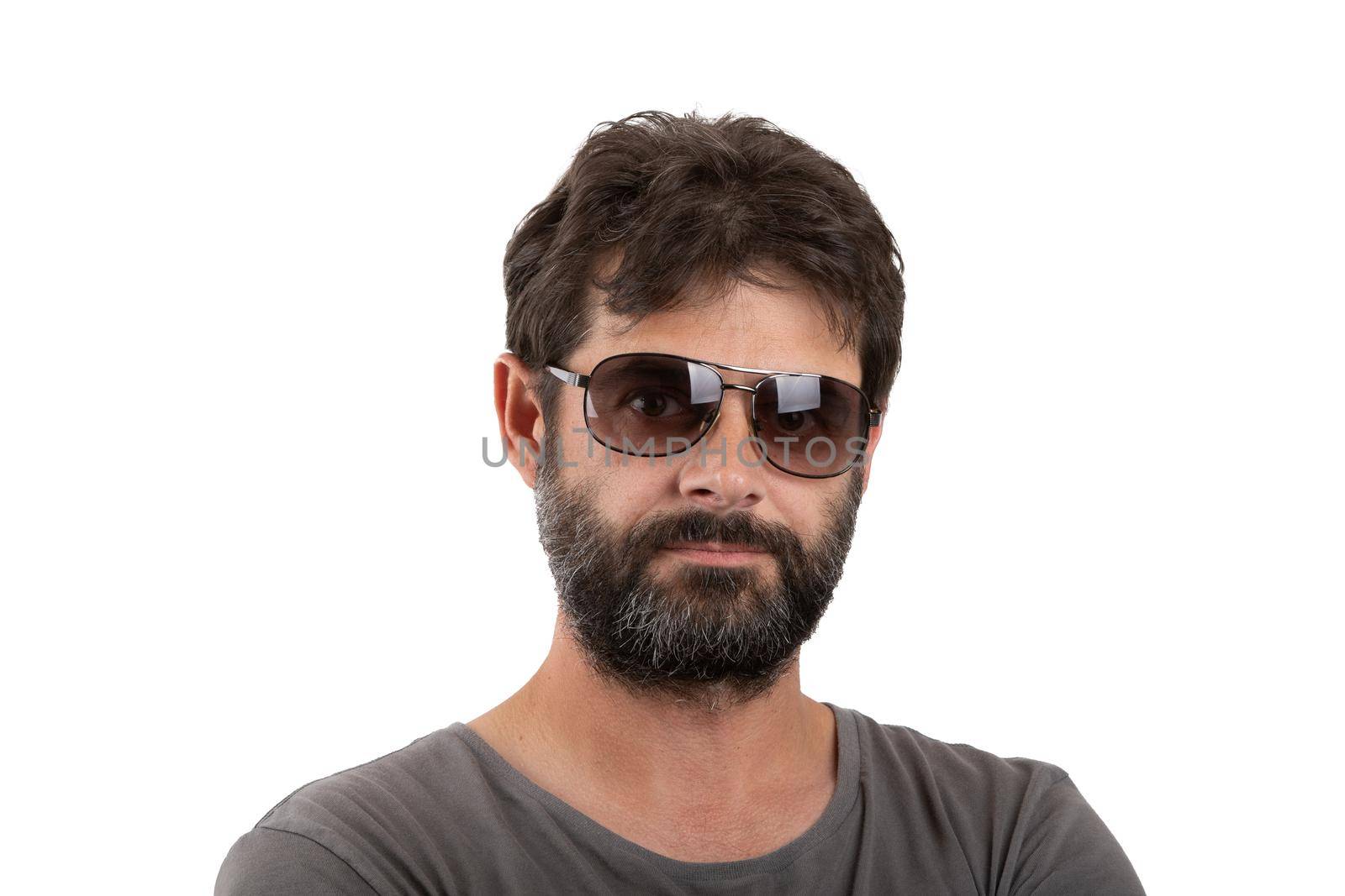 portrait of ordinary forty - 40 years old bearded man with sunglasses isolated on white
