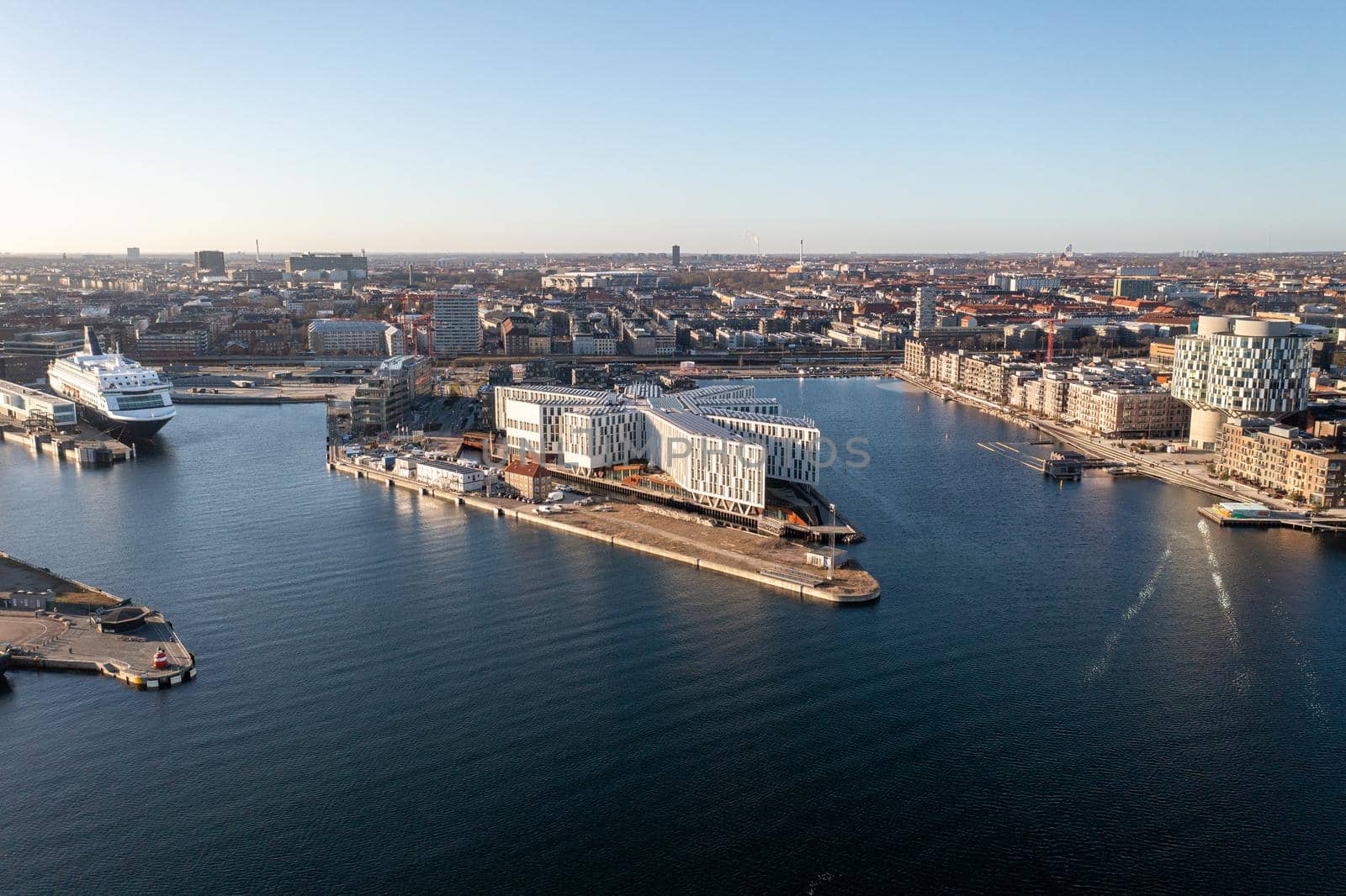 Copenhagen, Denmark - January 06, 2022: Aerial drone view of the UN City builing