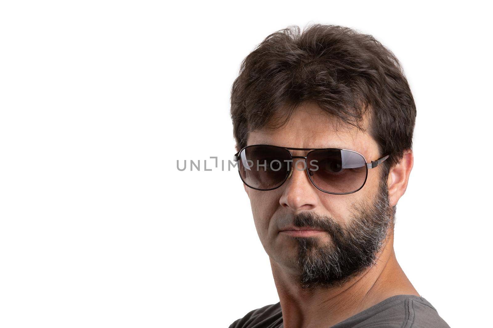 split personality - portrait of ordinary forty - 40 years old bearded man with half shaved and unshaven face with sunglasses isolated on white