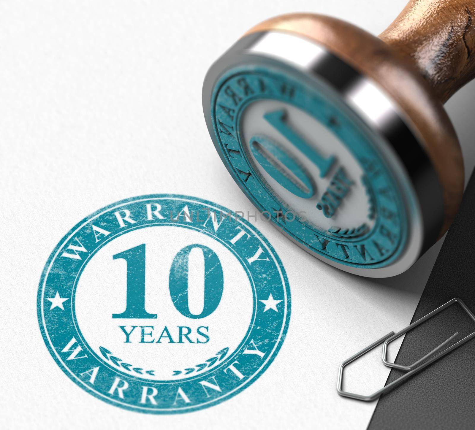 10 years warranty printed in blue color on paper background and rubber stamp. 3d illustration.